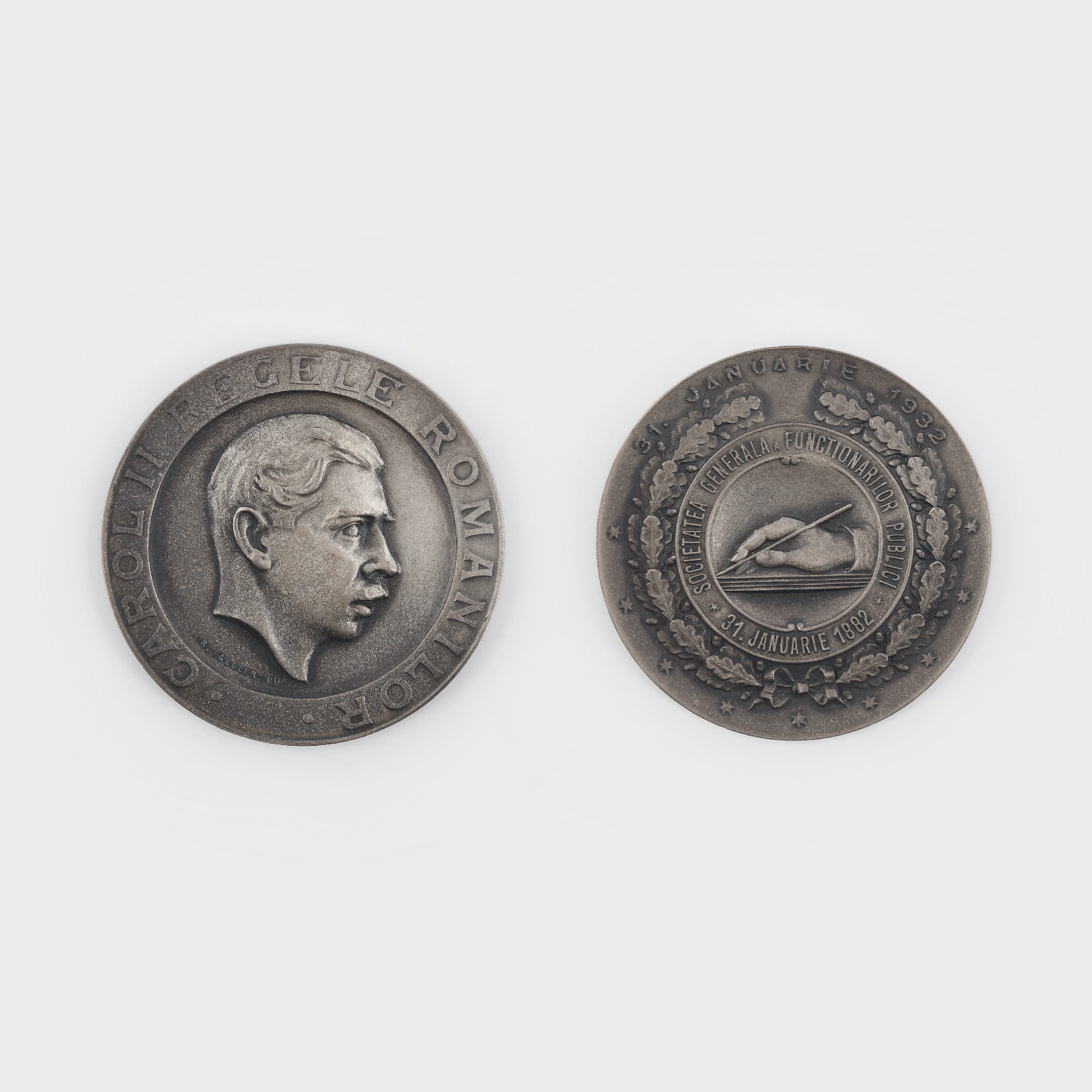 Medalie "50 de ani de la înfiinţarea Societăţii Generale a Funcţionarilor Publici", sculptor Emil Wilhelm Becker, 1932