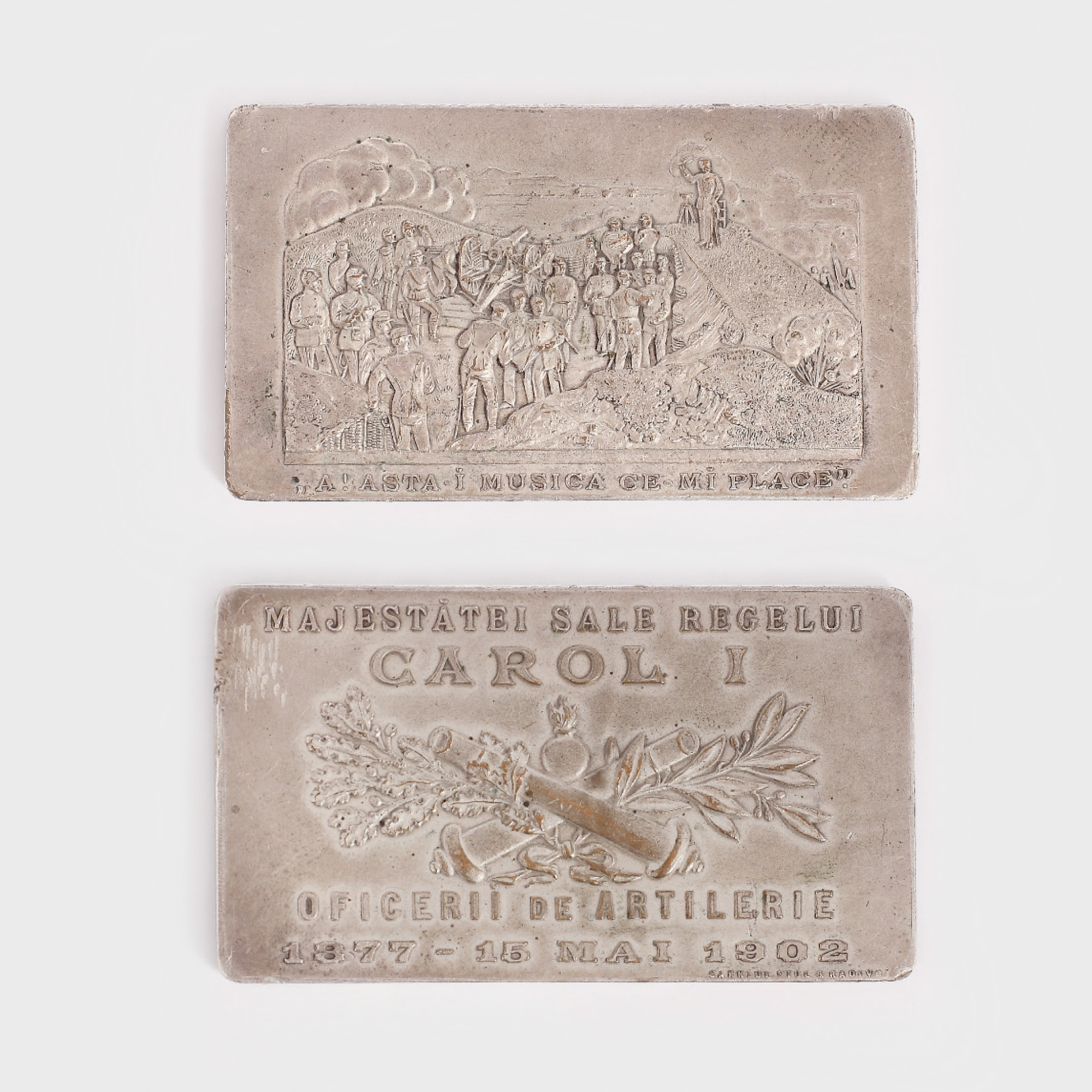 Plachetă "Asta-i musica ce-mi place", 25 de ani de artilerie, omagiul Armatei Române către Regele Carol I, sculptori Carniol Fiul & Radivon, 1902