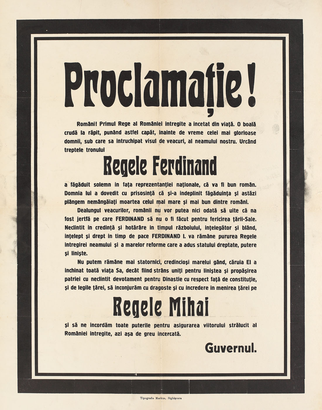 Proclamația guvernului anunţând încoronarea Principelui Mihai drept Rege al României
