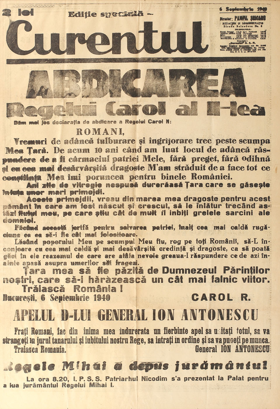 "Curentul", ediție specială, anunțând abdicarea Regelui  Carol al II-lea și depunerea jurământului de către Mihai I