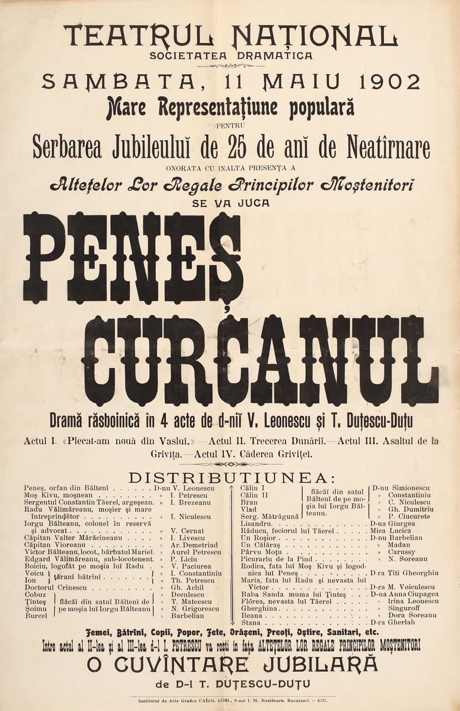 Broșură de promovare a piesei de teatru "Peneș Curcanul", cu ocazia Jubileului de 25 de ani de la Războiul de Independență, 11 mai 1902