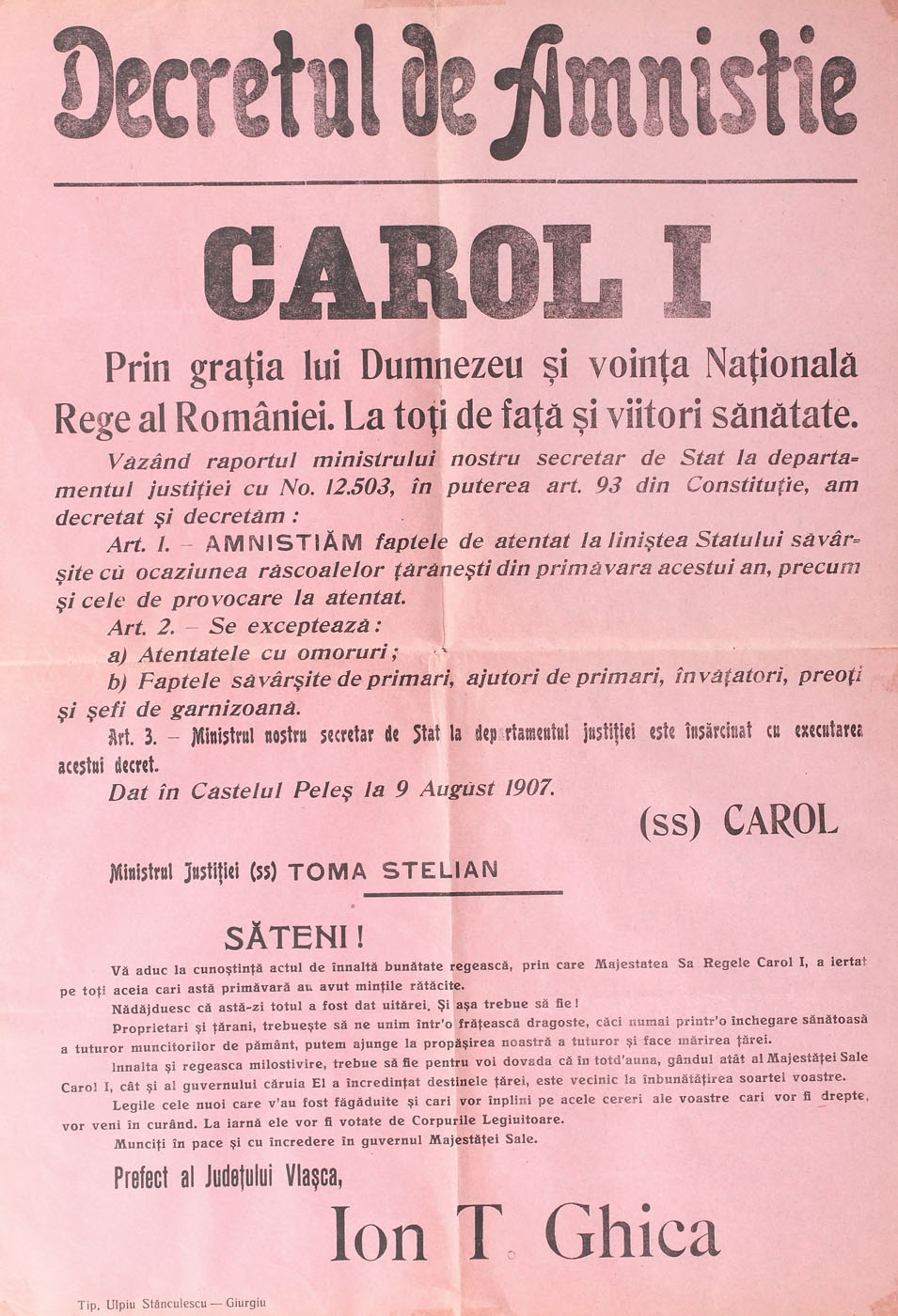 Decretul de Amnistie emis de Regele Carol I cu privire la faptele comise în timpul Răscoalei țărănești din 1907