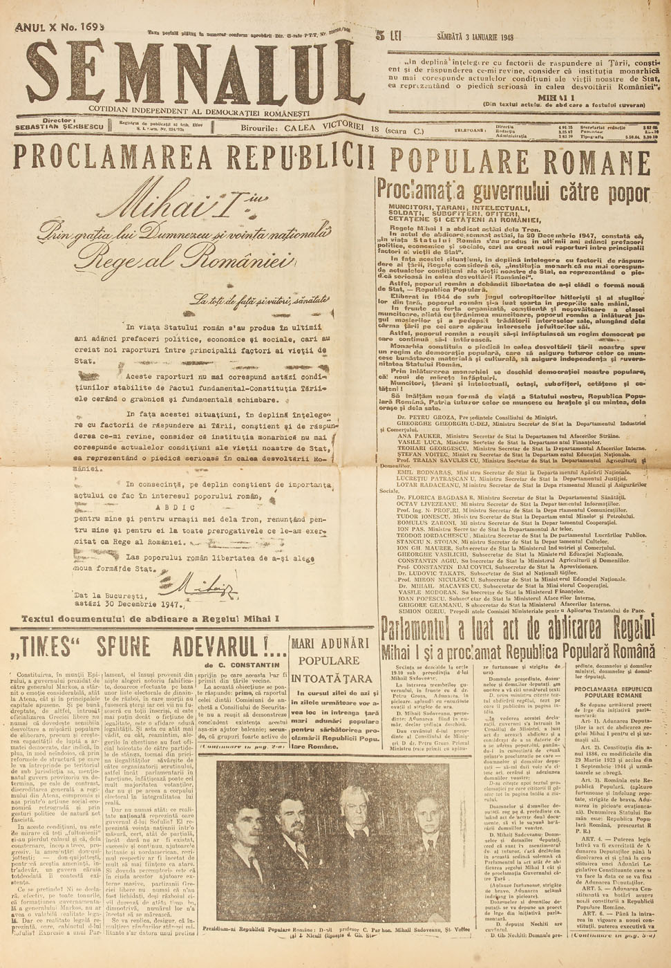 Semnalul, ediția 3 ianuarie 1948, pe prima pagină știrea proclamării Republicii Populare Române
