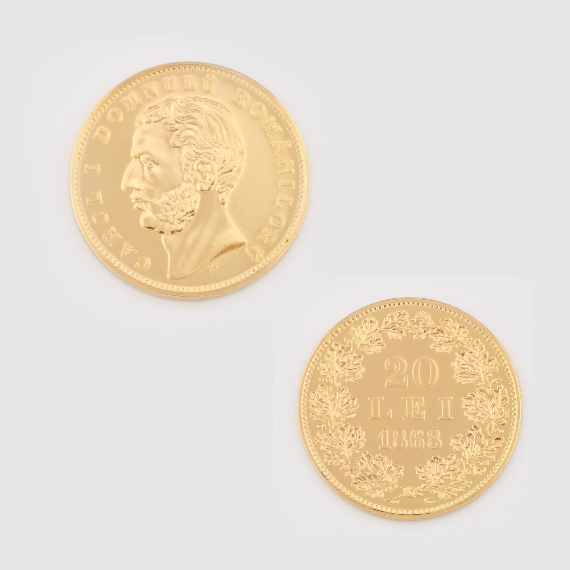 Monedă comemorativă, replică după moneda Carol I Domnul Românilor, cu valoare nominală de 20 lei, bătută de Carol I în 1868, emisă de BNR în 2005