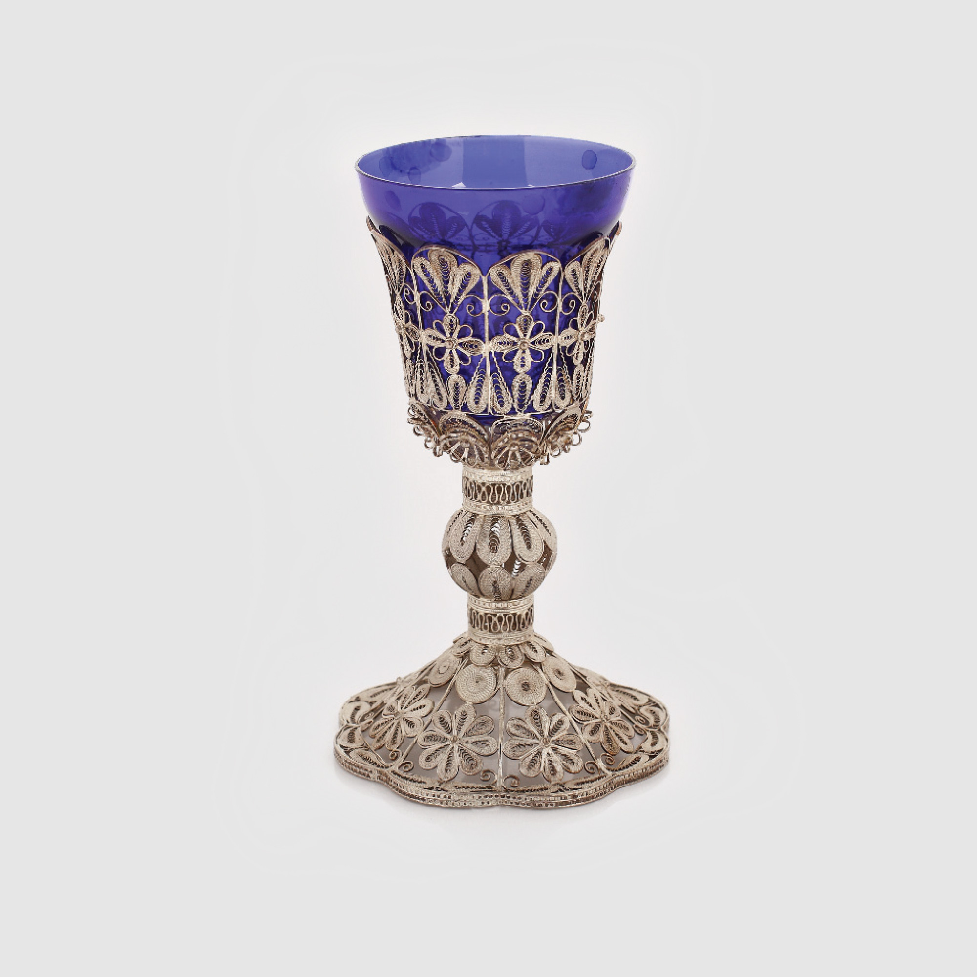 Candelă din argint rusesc filigranat, cu interior din sticlă cobalt