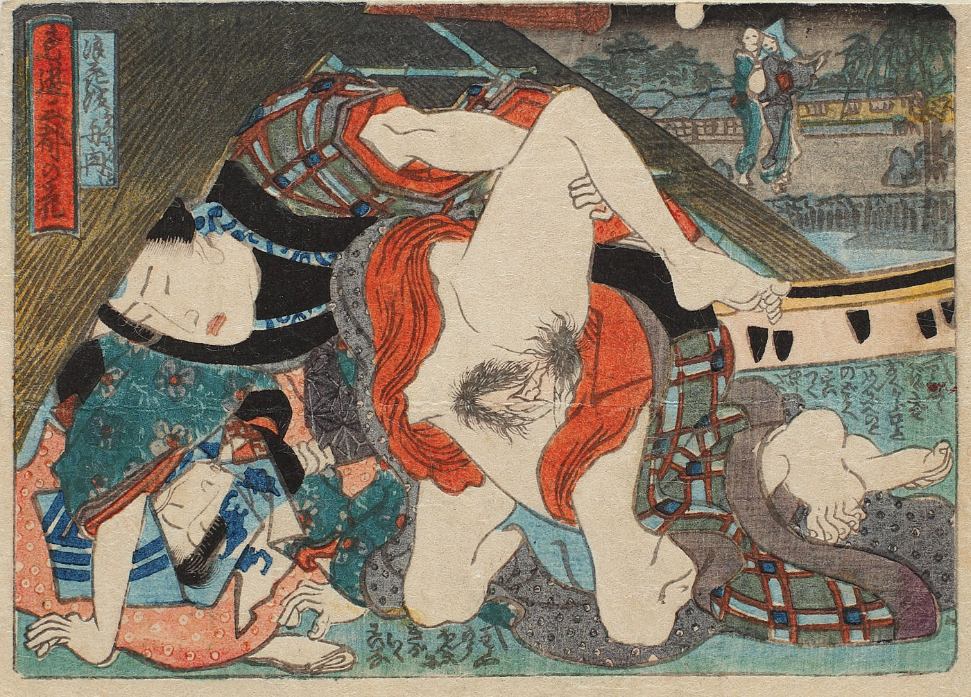 Scenă erotică (Shunga), reprezentând un cuplu ascuns sub paie, cca. 1830-1840