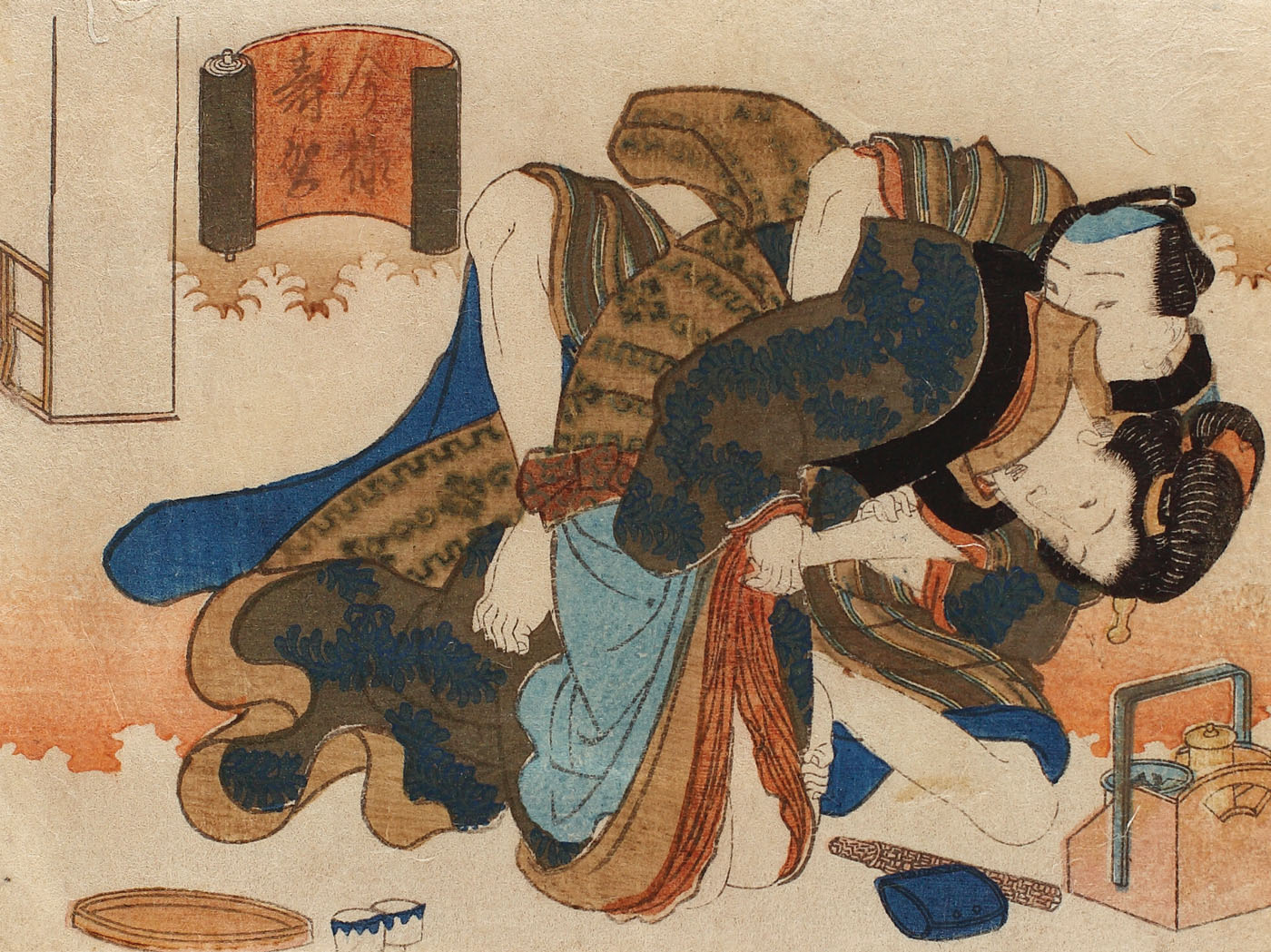 Scenă erotică (Shunga), reprezentând un tânăr învăluindu-şi partenera, cca. 1840