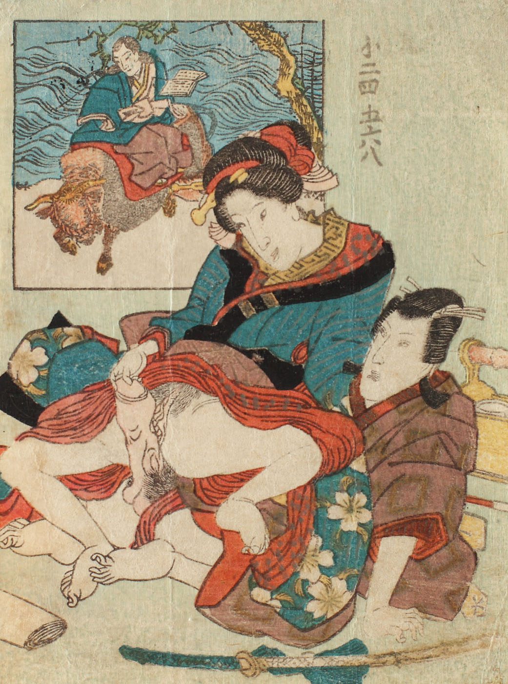 Scenă erotică (Shunga), reprezentând un cuplu şi o stampă pe fundal, cca. 1840