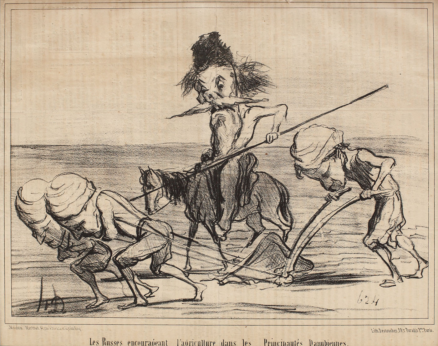 "Încurajarea agriculturii în Principatele Danubiene de către ruşi", litografie realizată de Honore Daumier, publicată în revista ilustrată "Le Charivari" în anul 1854