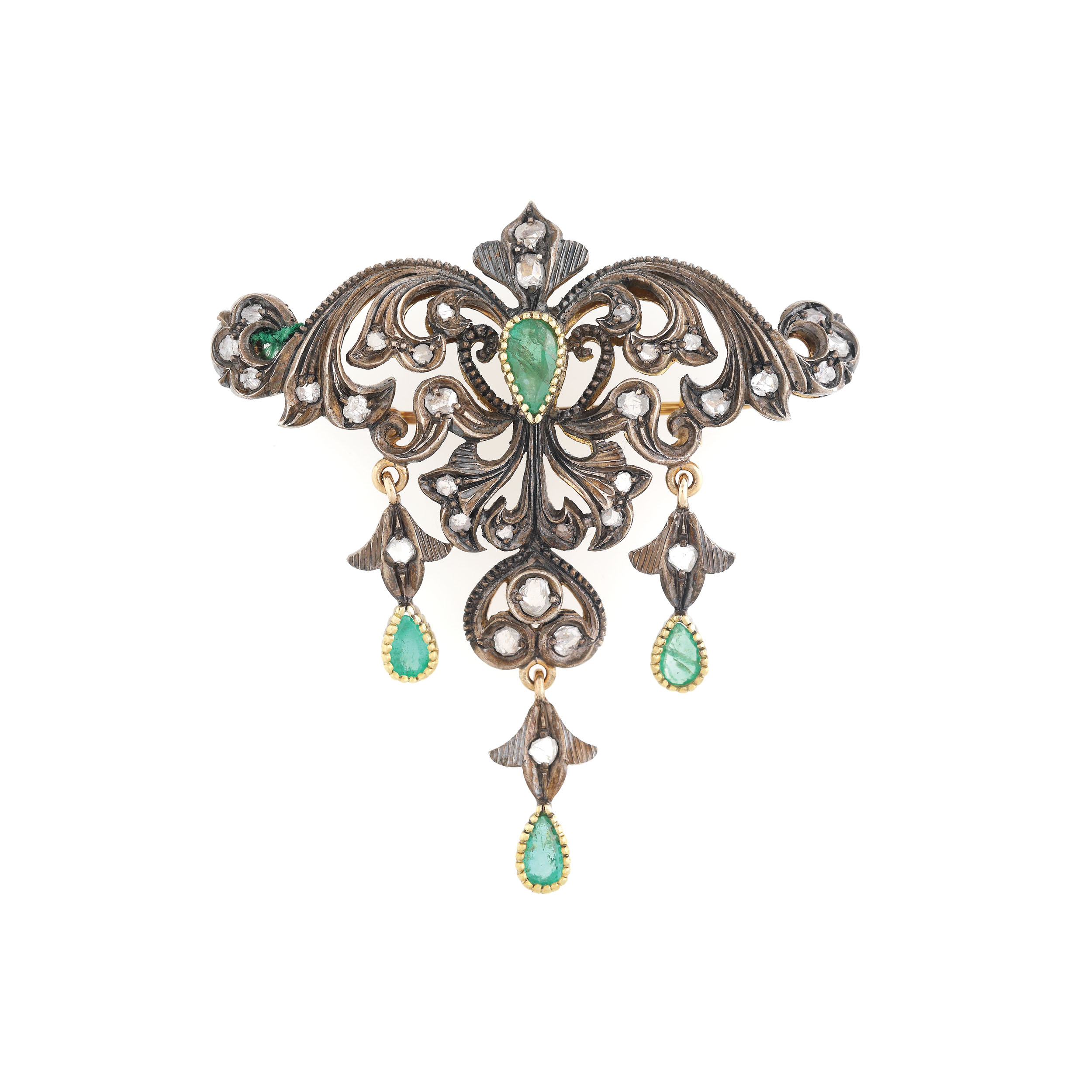 Gold vintage broach-pendant, decorated with diamonds and emeralds