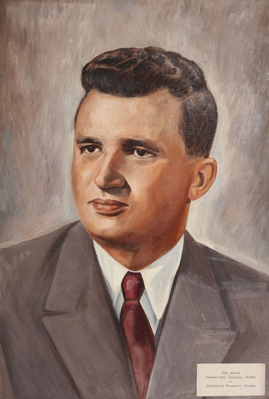 Portretul lui Nicolae Ceaușescu oferit cadou din partea Organizaţiei P.C.R. Brăila, anii 1980