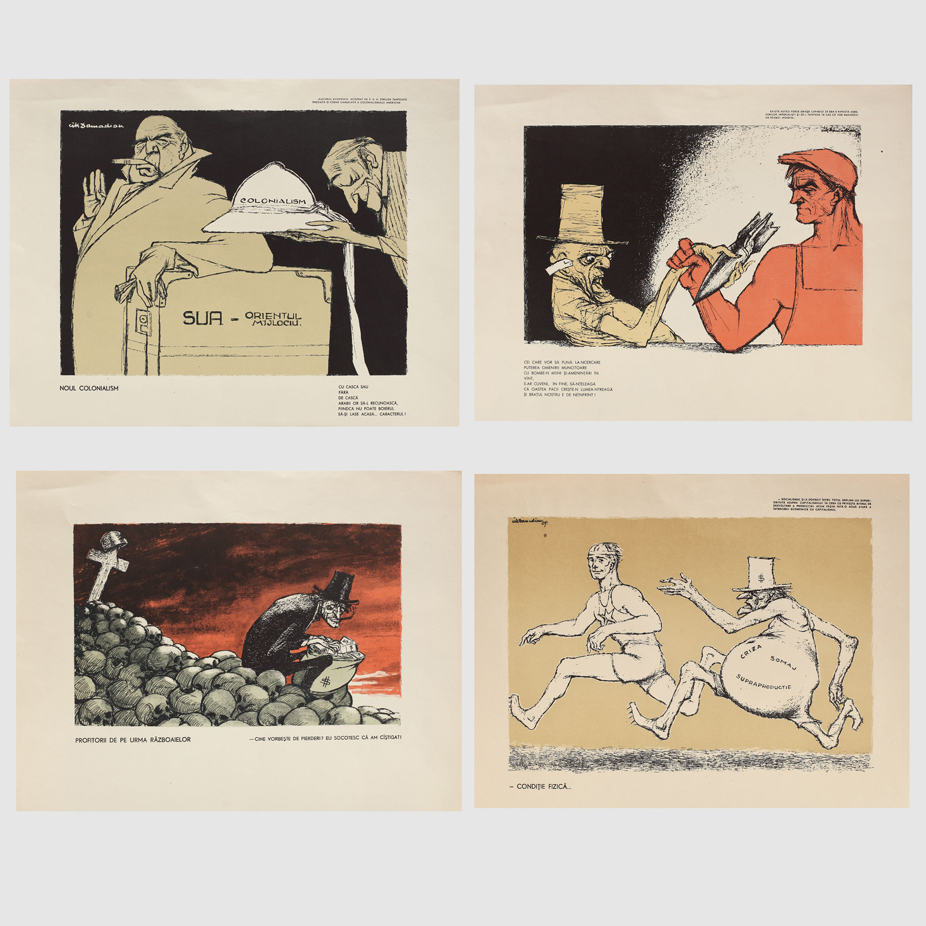 Lot de 4 planșe anti-imperialiste, realizate de Cik Damadian, 1959