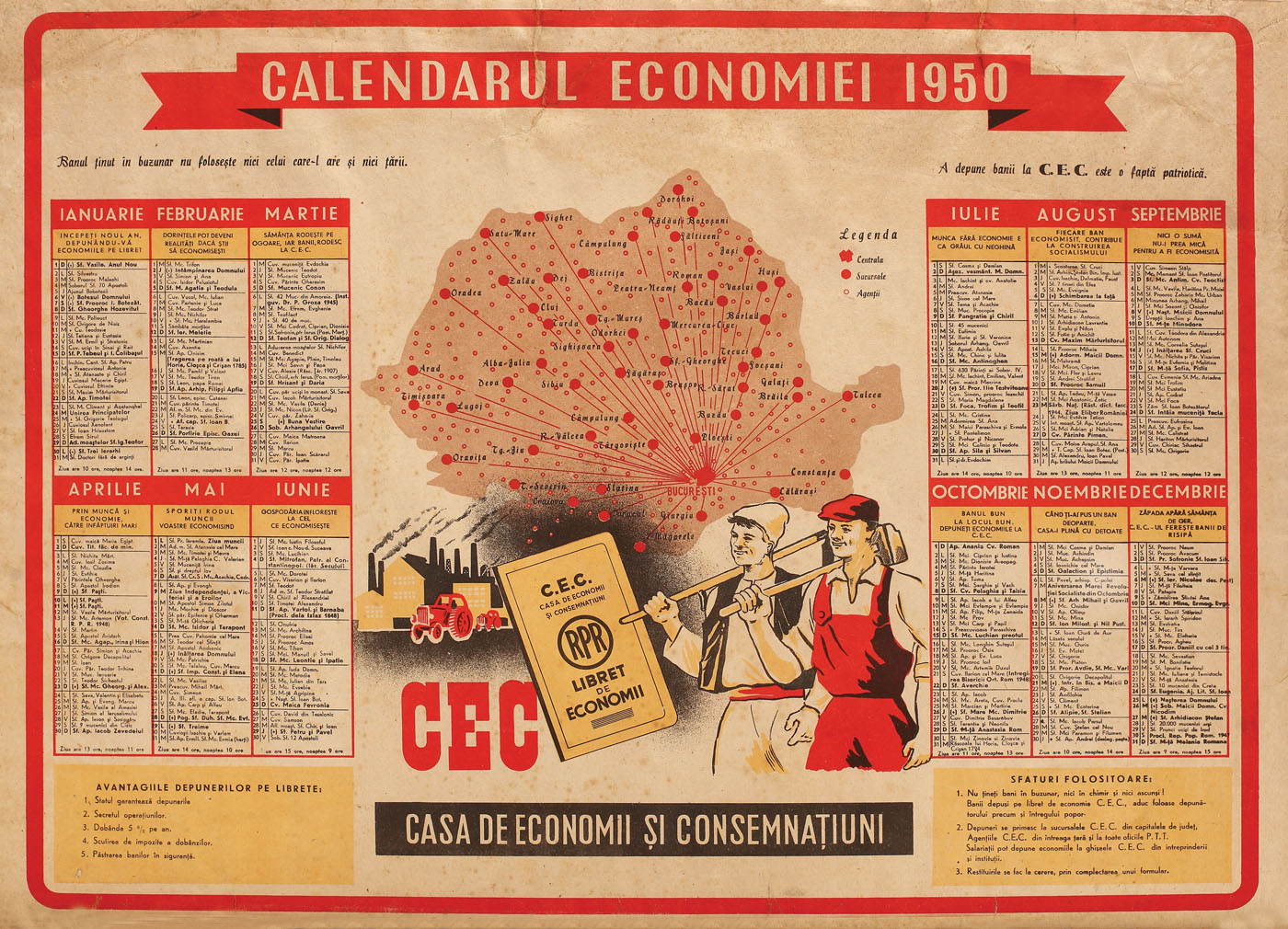 Calendarul Economiei 1950, tipărit de C.E.C., conținând îndemnuri pentru economisire
