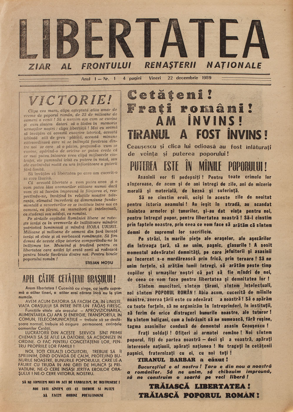 Primul număr al ziarului "Libertatea", din 22 decembrie 1989