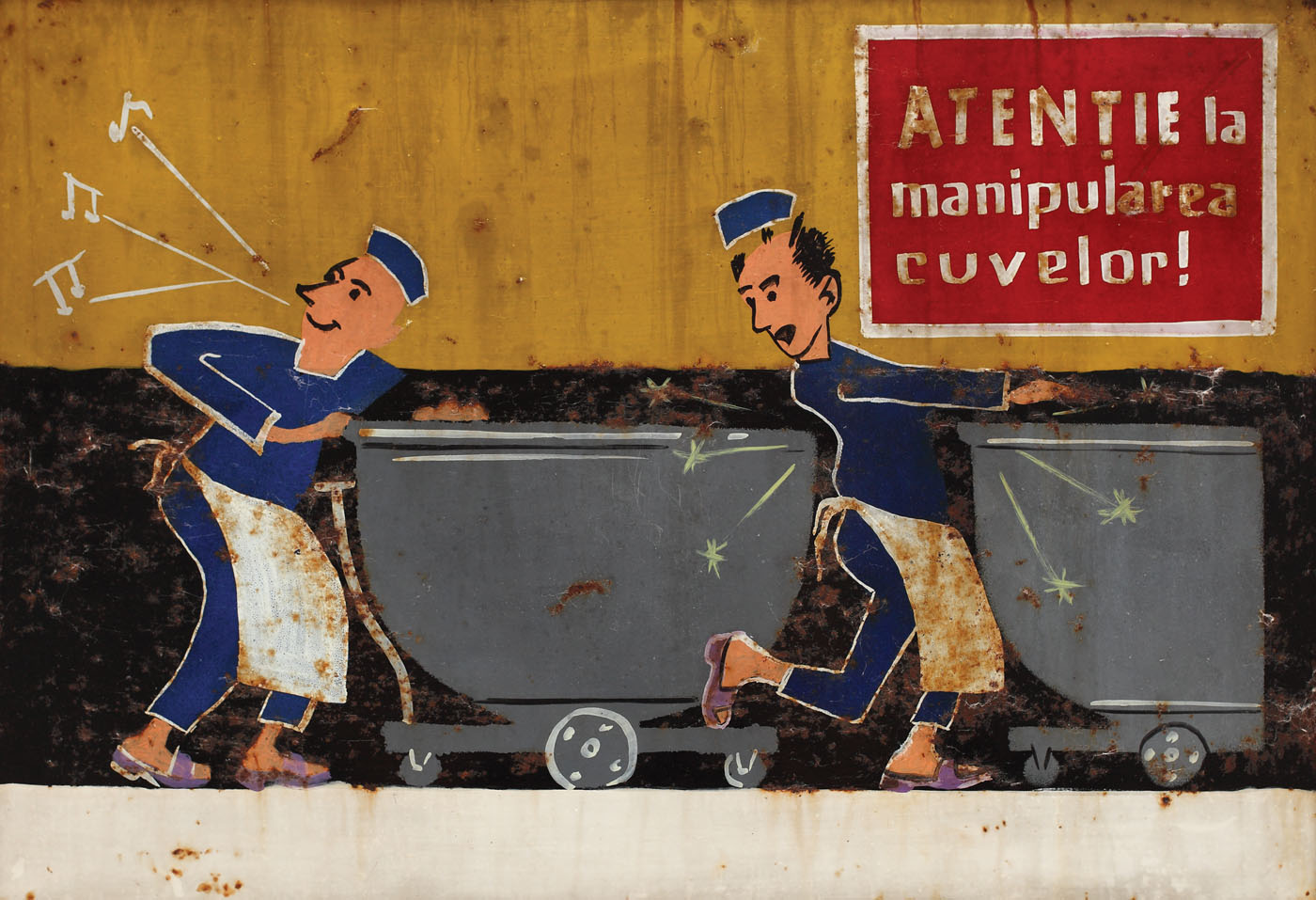 Afiș pe tablă, de protecția muncii cu privire la buna manipulare a cuvelor, anii 1960