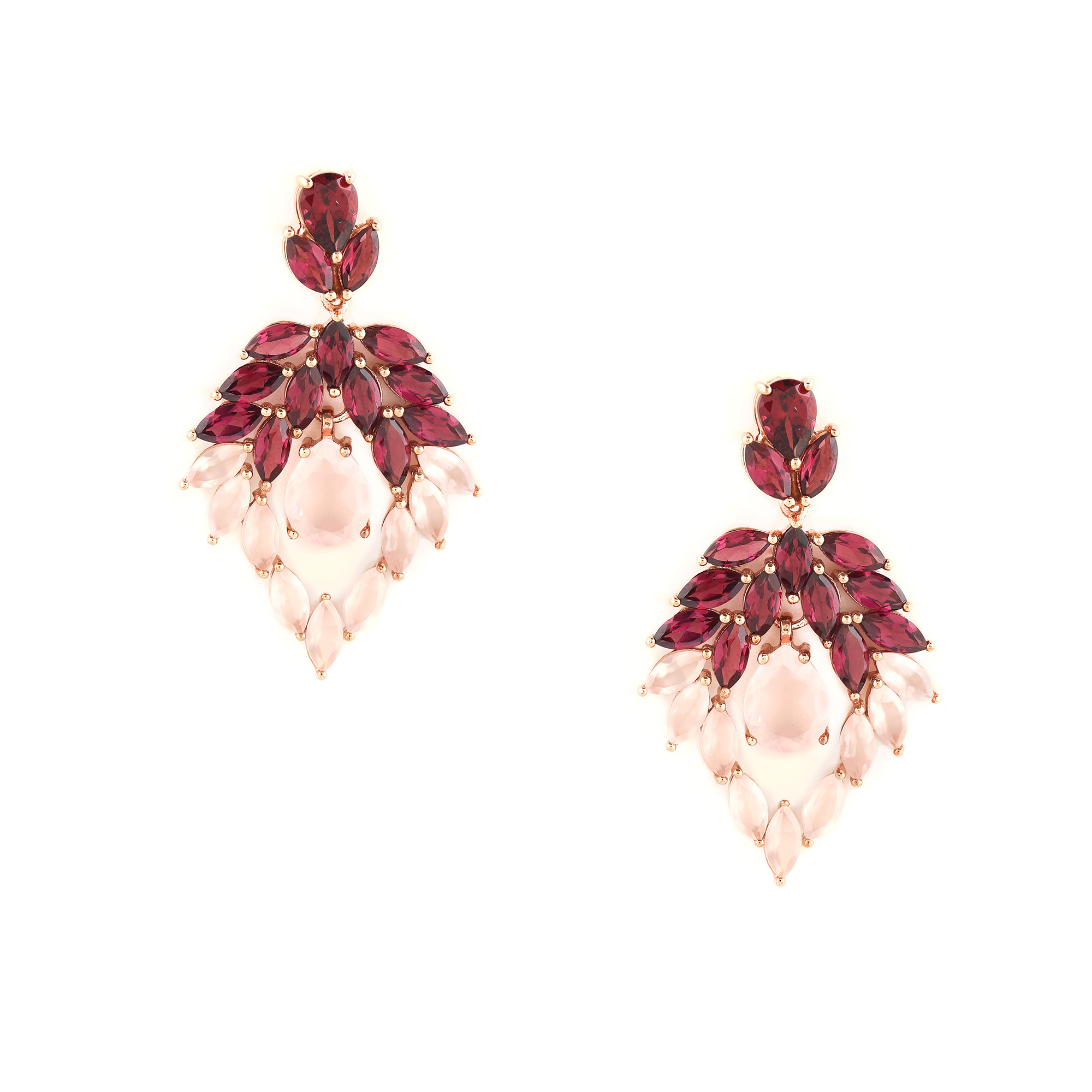 Pair of gold-plated earrings, decorated with rhodolite and pink quartz