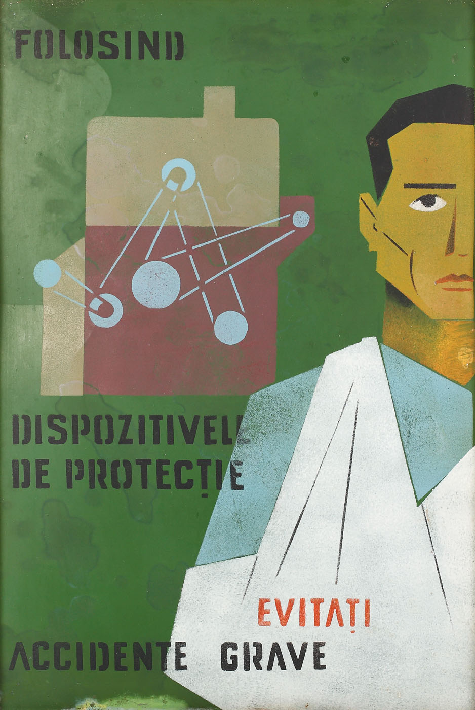 Panou pentru protecţia muncii din tablă, încurajând folosirea echipamentelor de protecţie în timpul muncii, anii 1970-1980