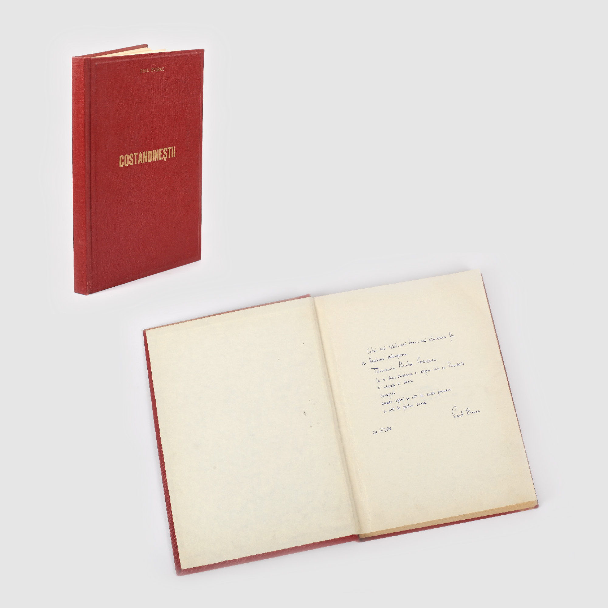 Constandineștii, frescă dramatică în 22 de tablouri, de Paul Everac, exemplar dactilografiat, cu dedicație olografă către Nicolae Ceaușescu, la a doua aniversare a alegerii sale ca președinte, 1976