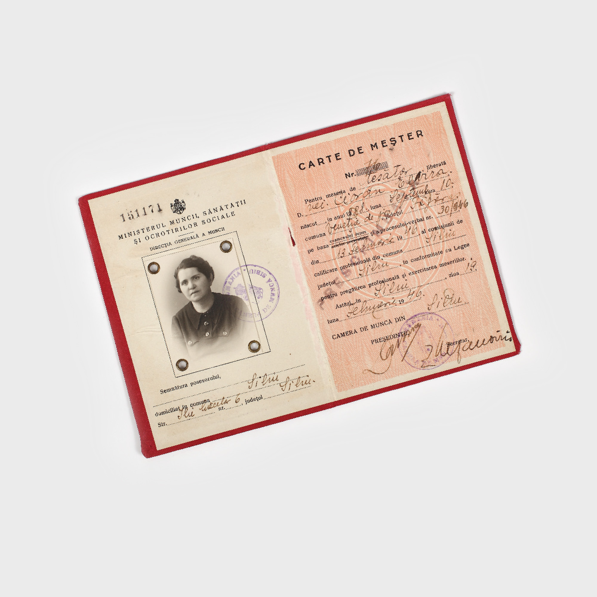 Carte de meșter a Elvirei Cioran, mama lui Emil Cioran, pentru meseria de ţesător