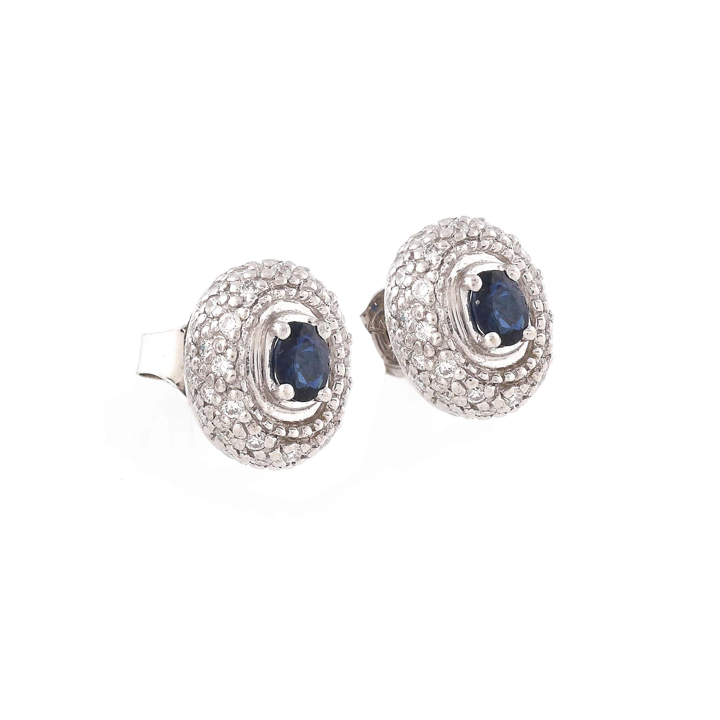 Pair of white gold earrings, decorated with sapphires and paved with diamonds
