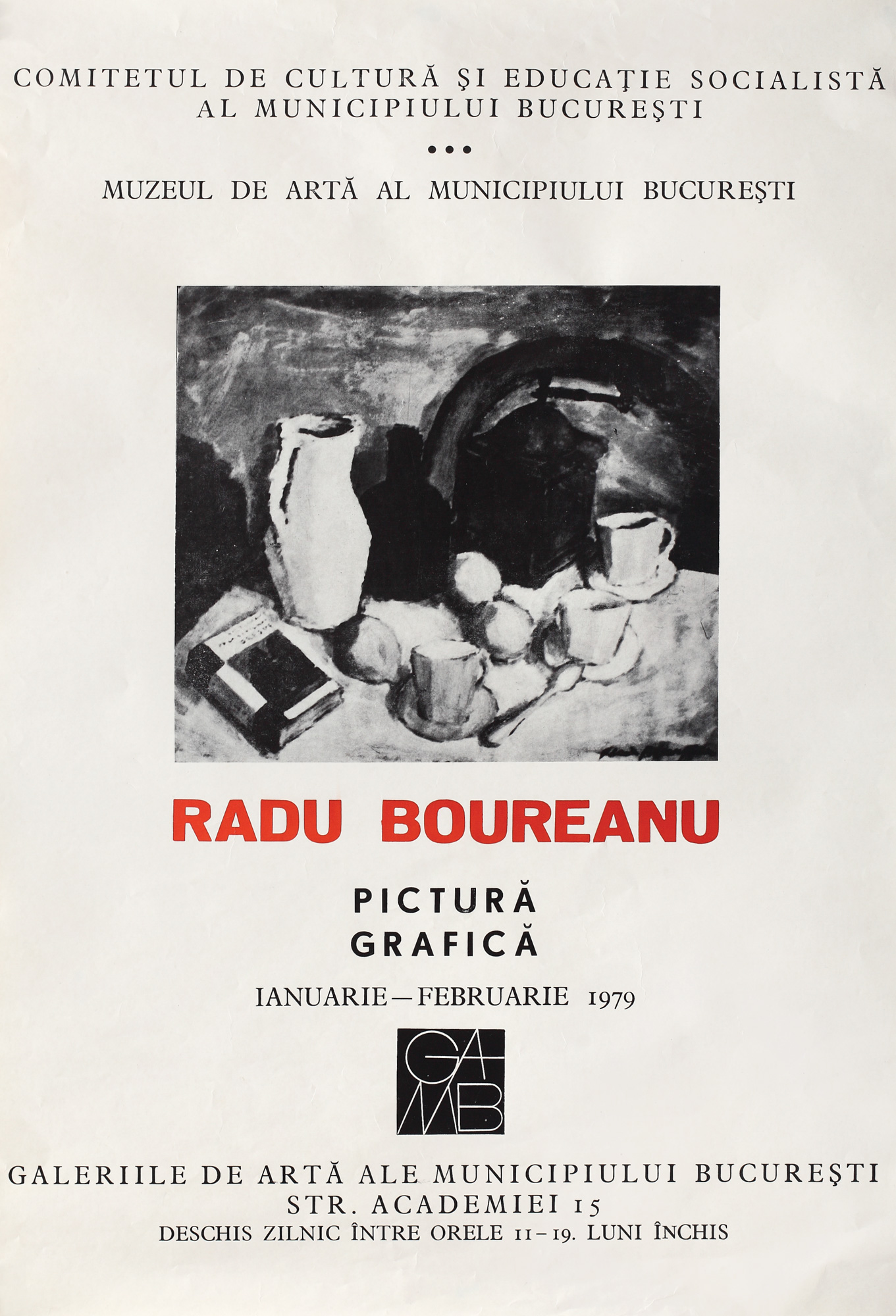 Afișul expoziției de pictură, grafică Radu Boureanu din 1979, organizată la Galeriile de Artă ale Municipiului București