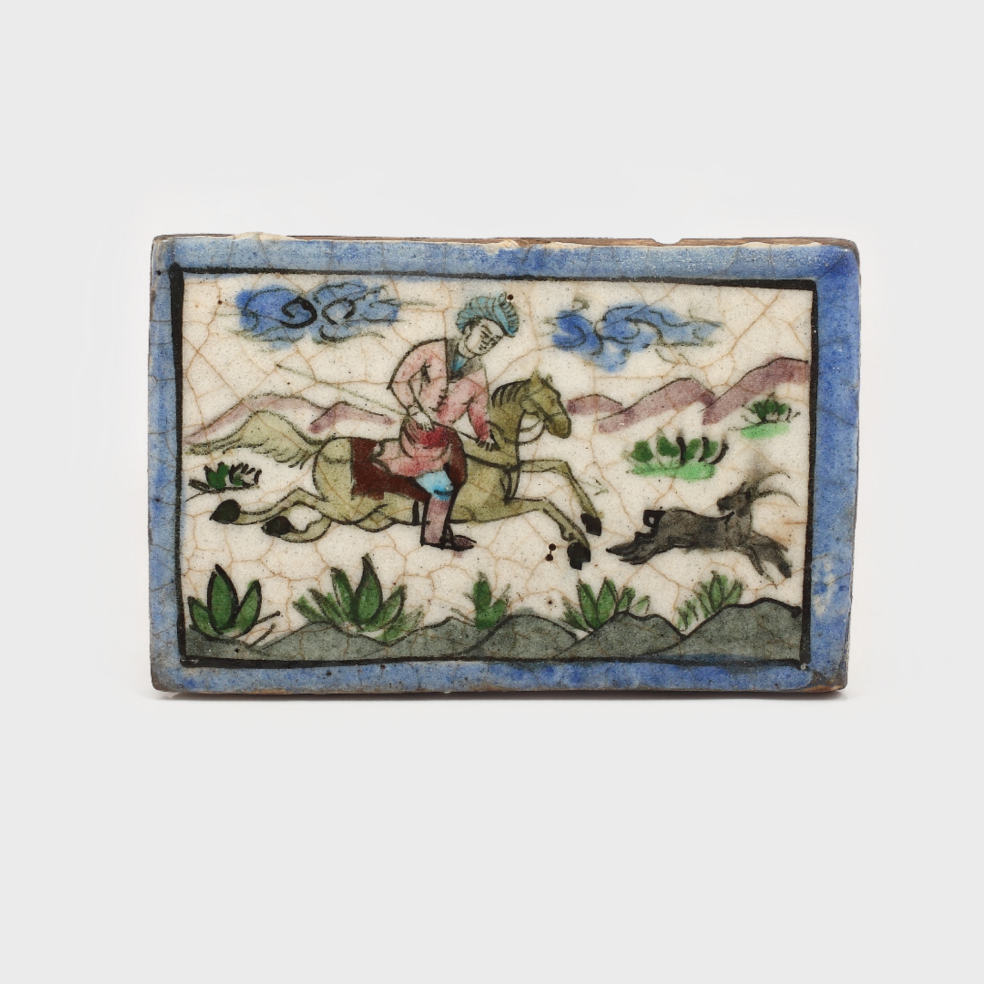 Placă decorativă, scenă de vânătoare, epoca dinastiei qajare, sfârșitul sec. XIX
