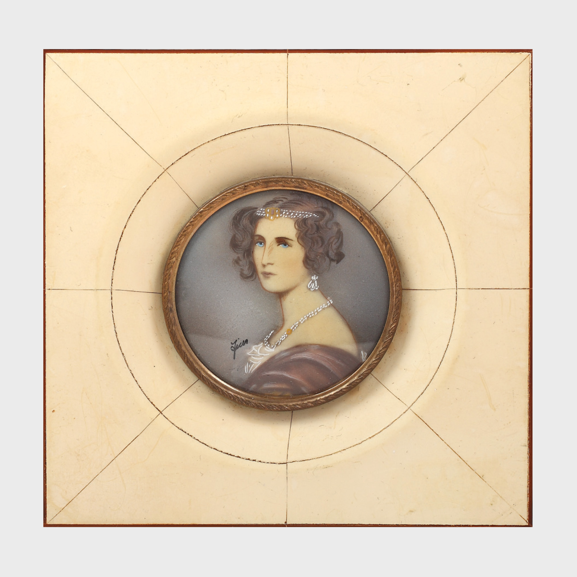 Portret feminin miniatural, pictat pe fildeș, reprezentând o aristocrată, 1850-1860