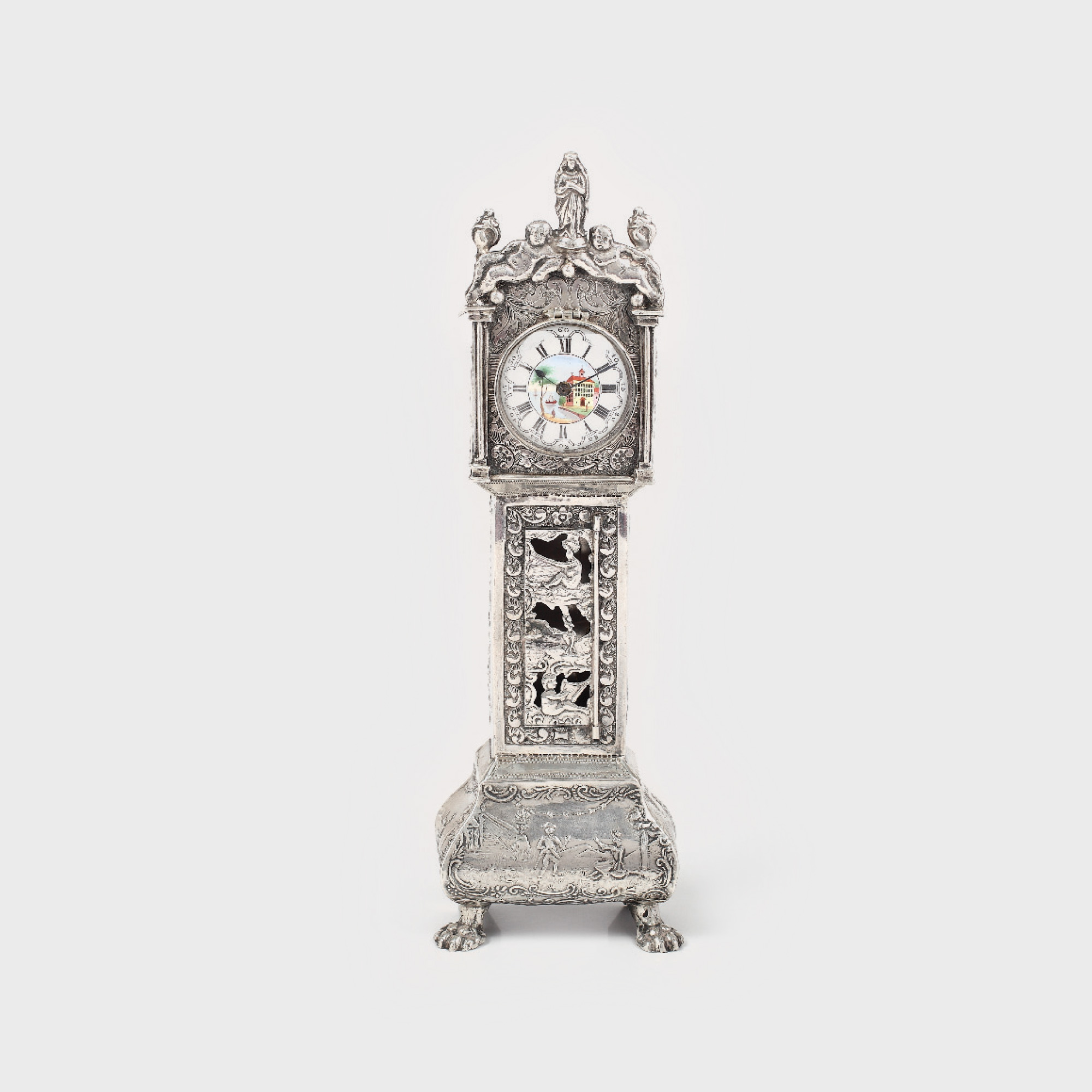 Pendulă de podea miniaturală, din argint, realizată în maniera Renașterii târzii, 1888, piesă de colecție