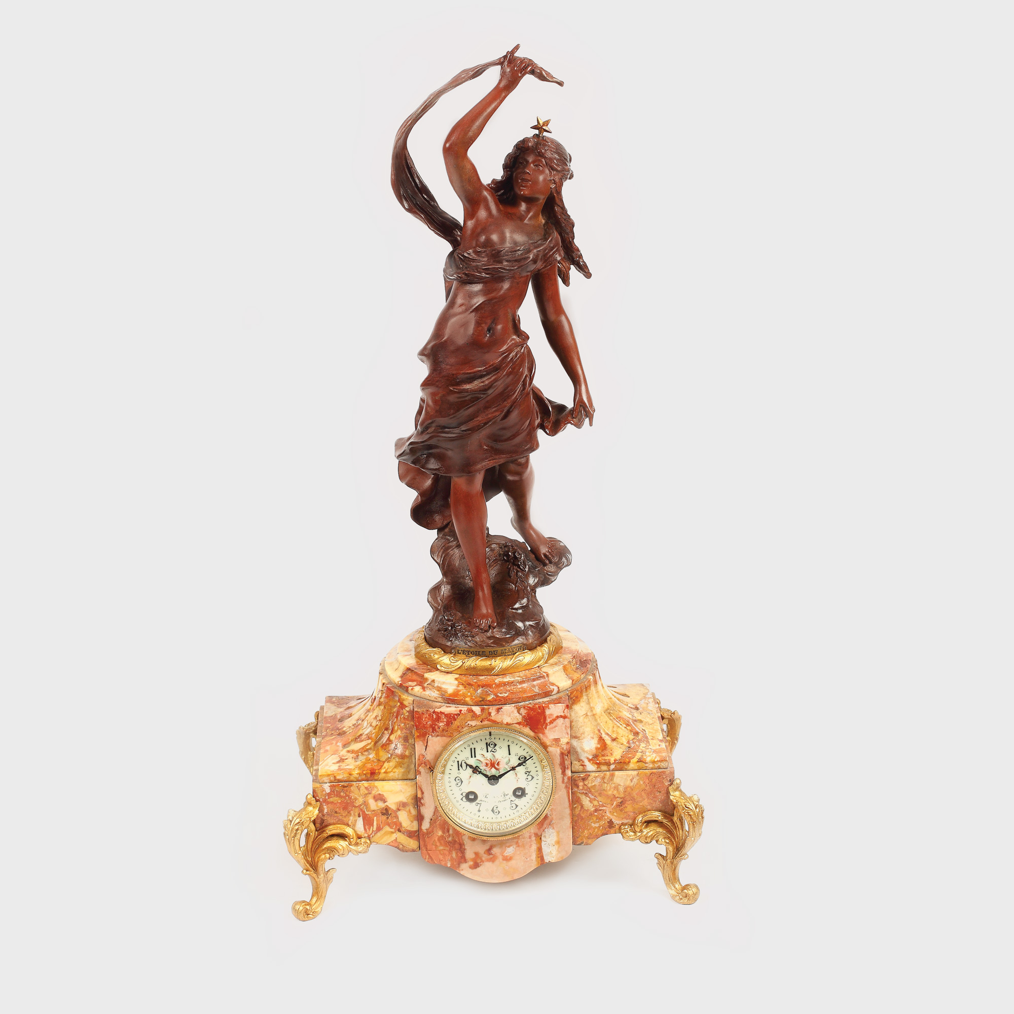 "L'étoile du matin" - pendulă decorativă, semnată Auguste Moreau, însoțită de cheia originală