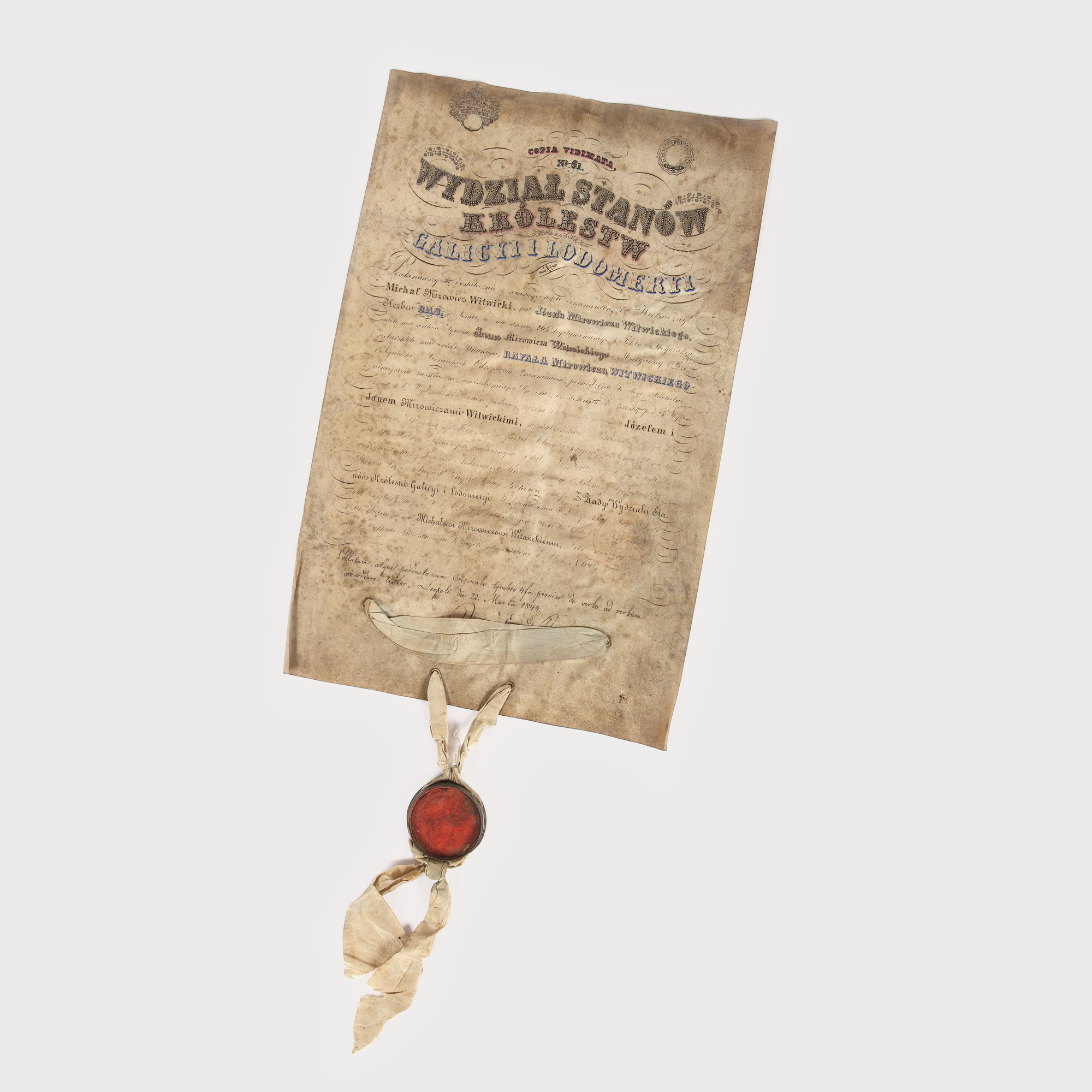Document de cancelarie al Regatului Galiției și Lodomeriei, în limba poloneză, purtând sigiliul oficial, 1844