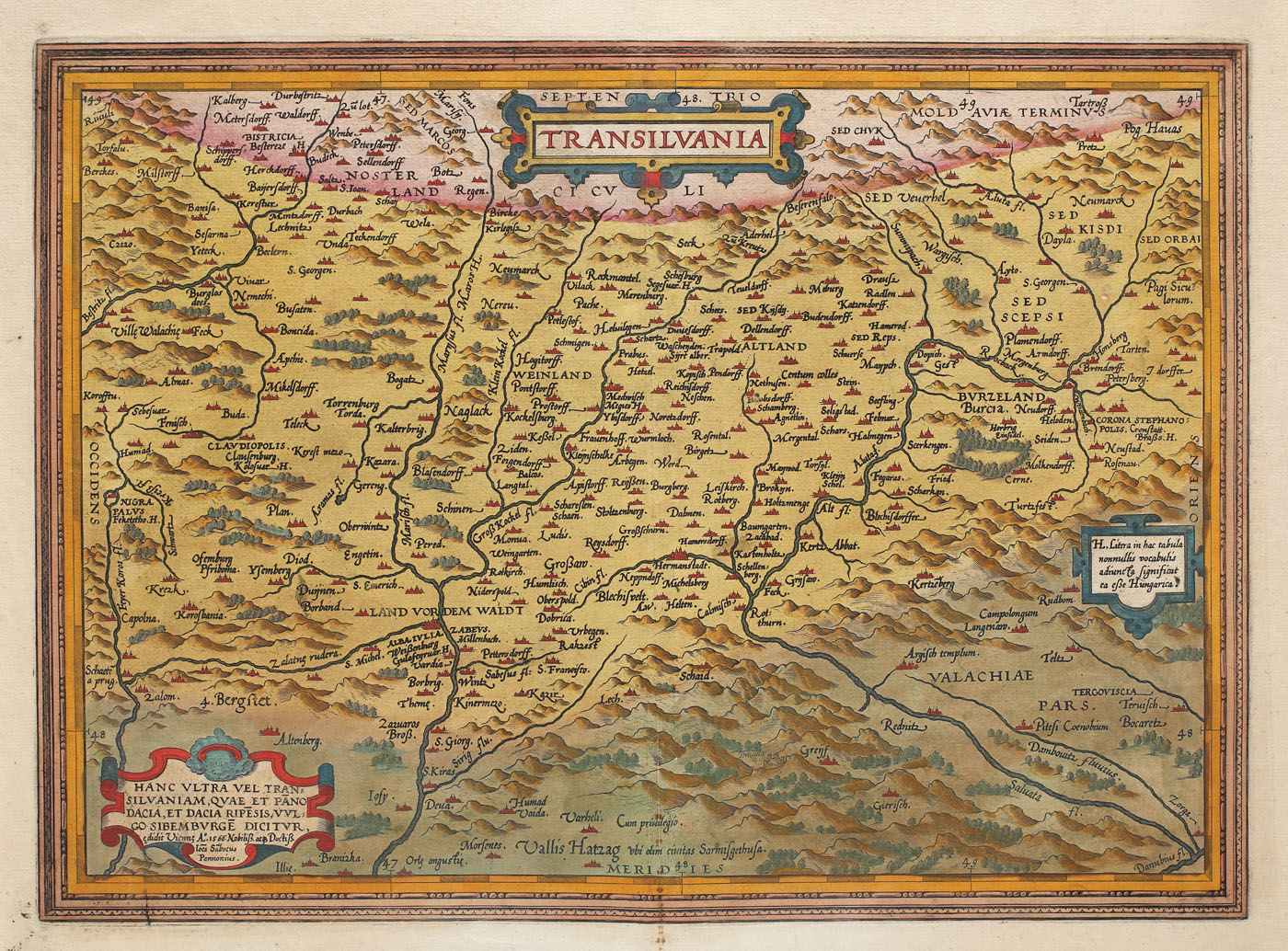 Hartă, ”Transilvania”, de Johannes Sambucus, tipărită de Abraham Ortelius, ediţia Orbis Terrarum, 1575