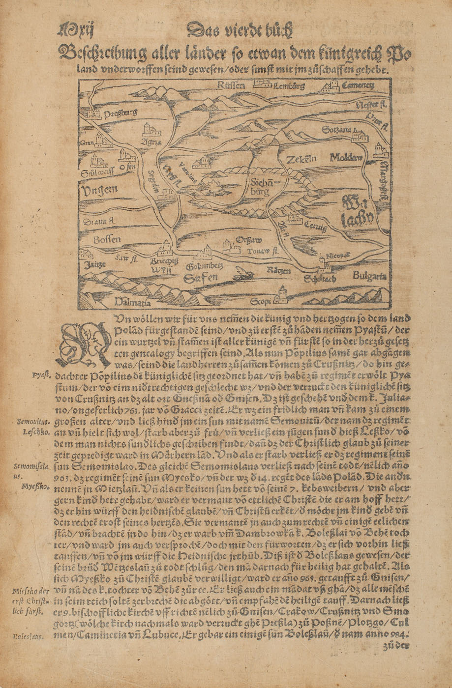 Hartă "Transilvania", publicată în jumătatea superioară a unei pagini din Cosmografia lui Sebastian Munster, ediția tipărită la Basel, 1556, piesă rară de colecţie