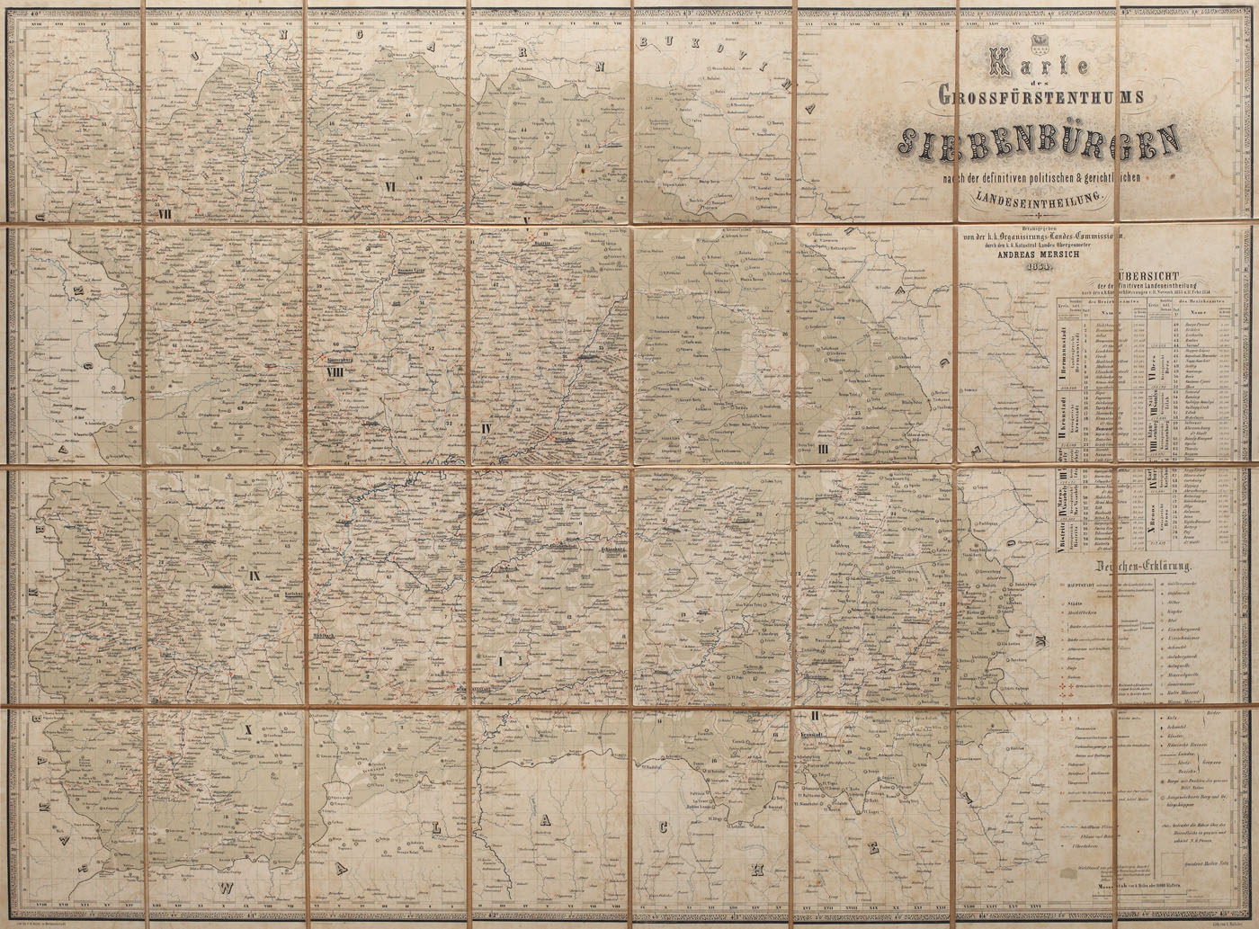 Hartă a Transilvaniei, de Andreas Merisch, tipărită la Sibiu de F.R. Krabs, 1854, piesă de colecție