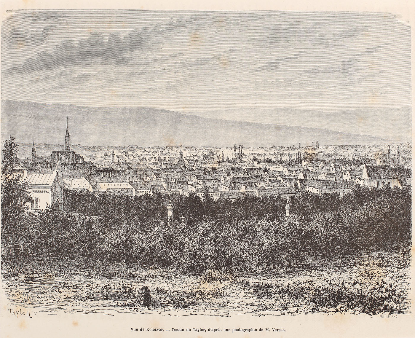 Litografie a orașului Cluj-Napoca, de Taylor, după o fotografie a lui Veress, 1871