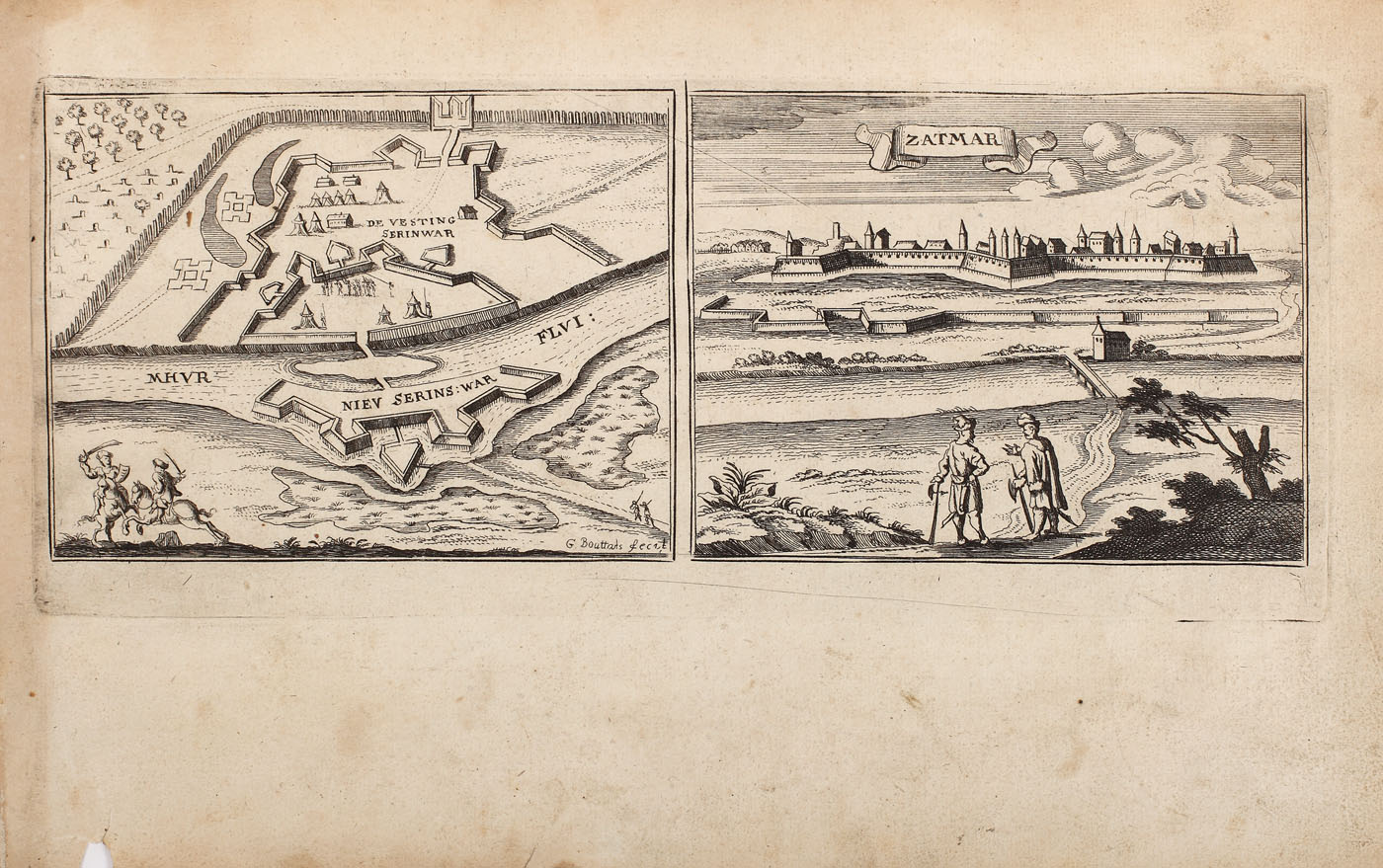 Gravură a orașului Satu Mare alături de localitatea maghiară Sarvar, realizată de Gaspar Bouttats, 1690