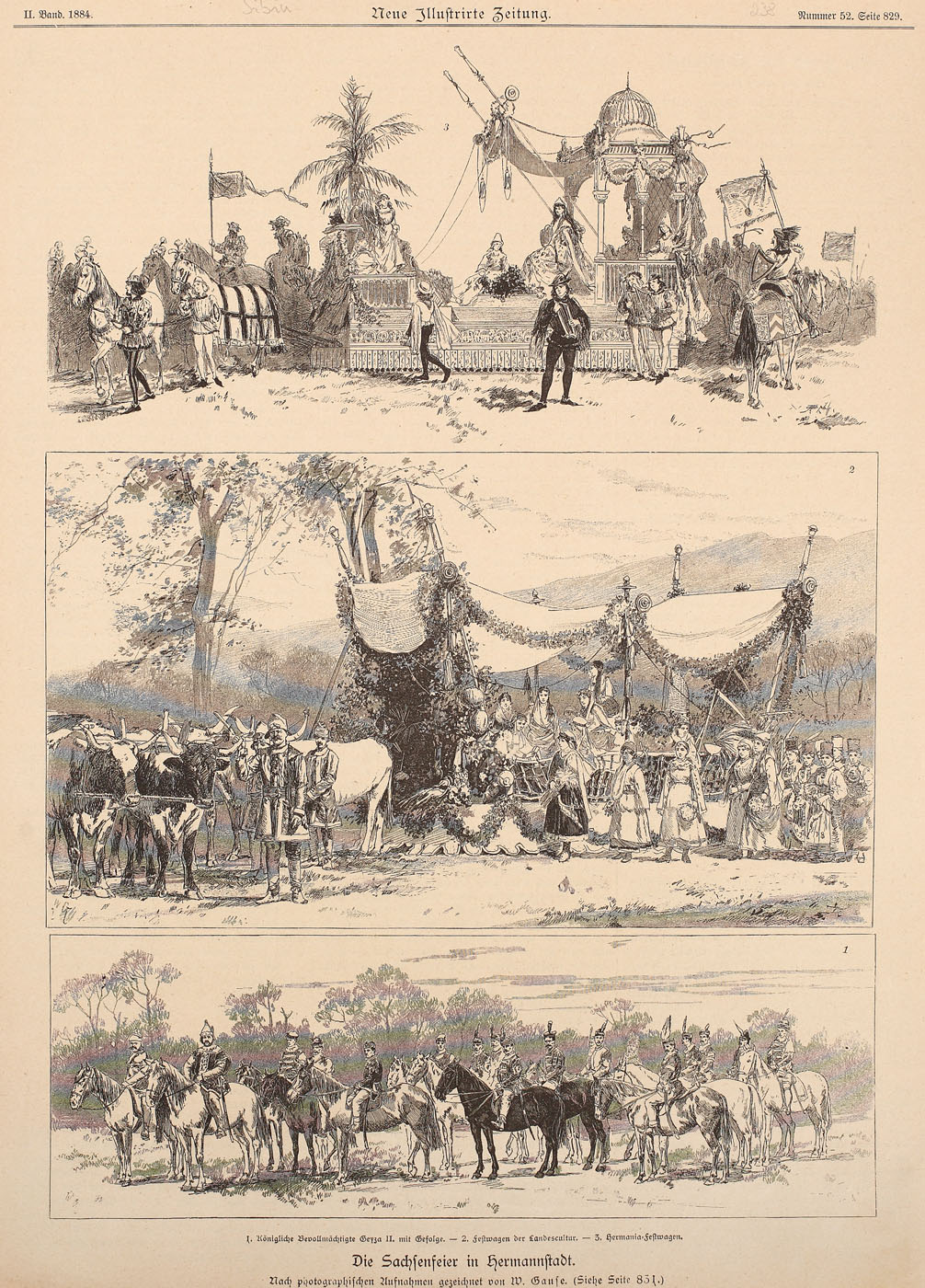 Sașii din Sibiu, pagină cu scene din viața sașilor, publicată în Neue Illustrierte Zeitung, 1884