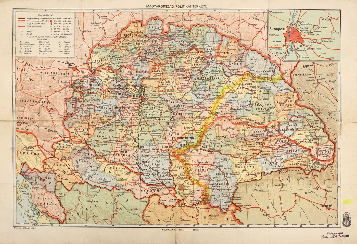 Harta Ungariei Mari, ce cuprindea și regiunea Transilvaniei după Dictatul de la Viena, tipărită la Budapesta în perioada 1941-1945