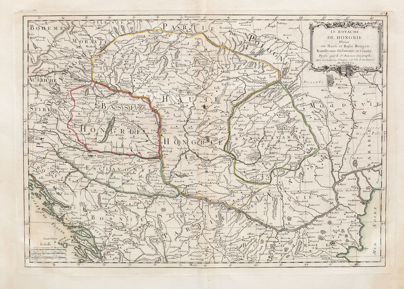 Hartă, "Regatul Ungariei împărțit în Ungaria de sus și de jos, Transilvania, Slavonia și Croația", 1771