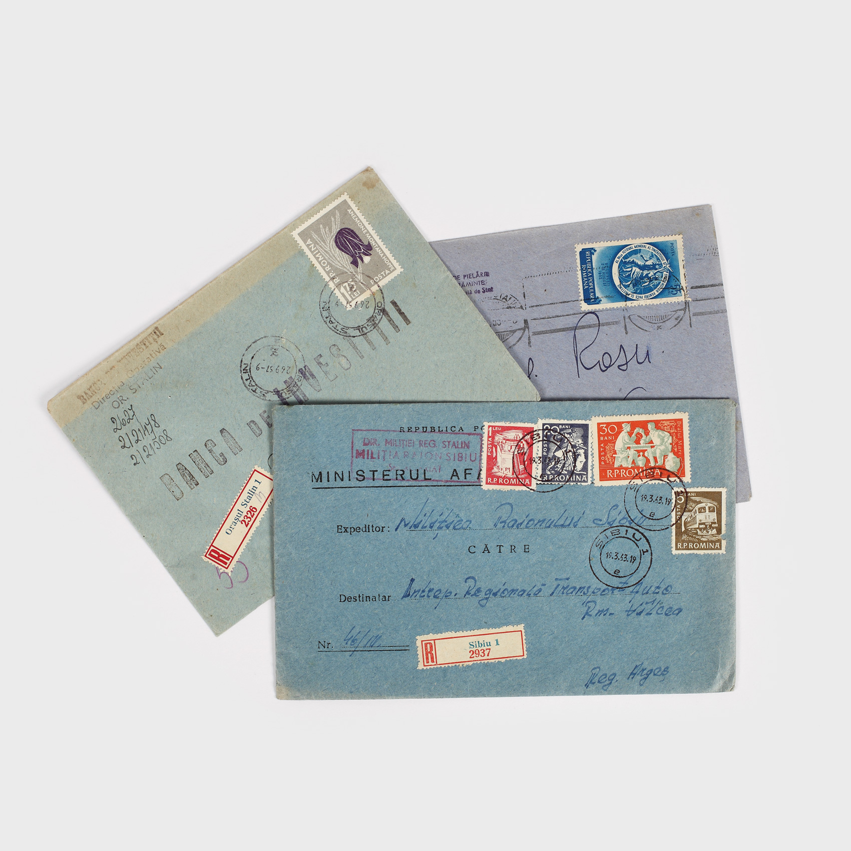 Lot de 3 plicuri, conţinând timbre şi ştampile ale Oraşului Stalin (Braşov), 1950-1960