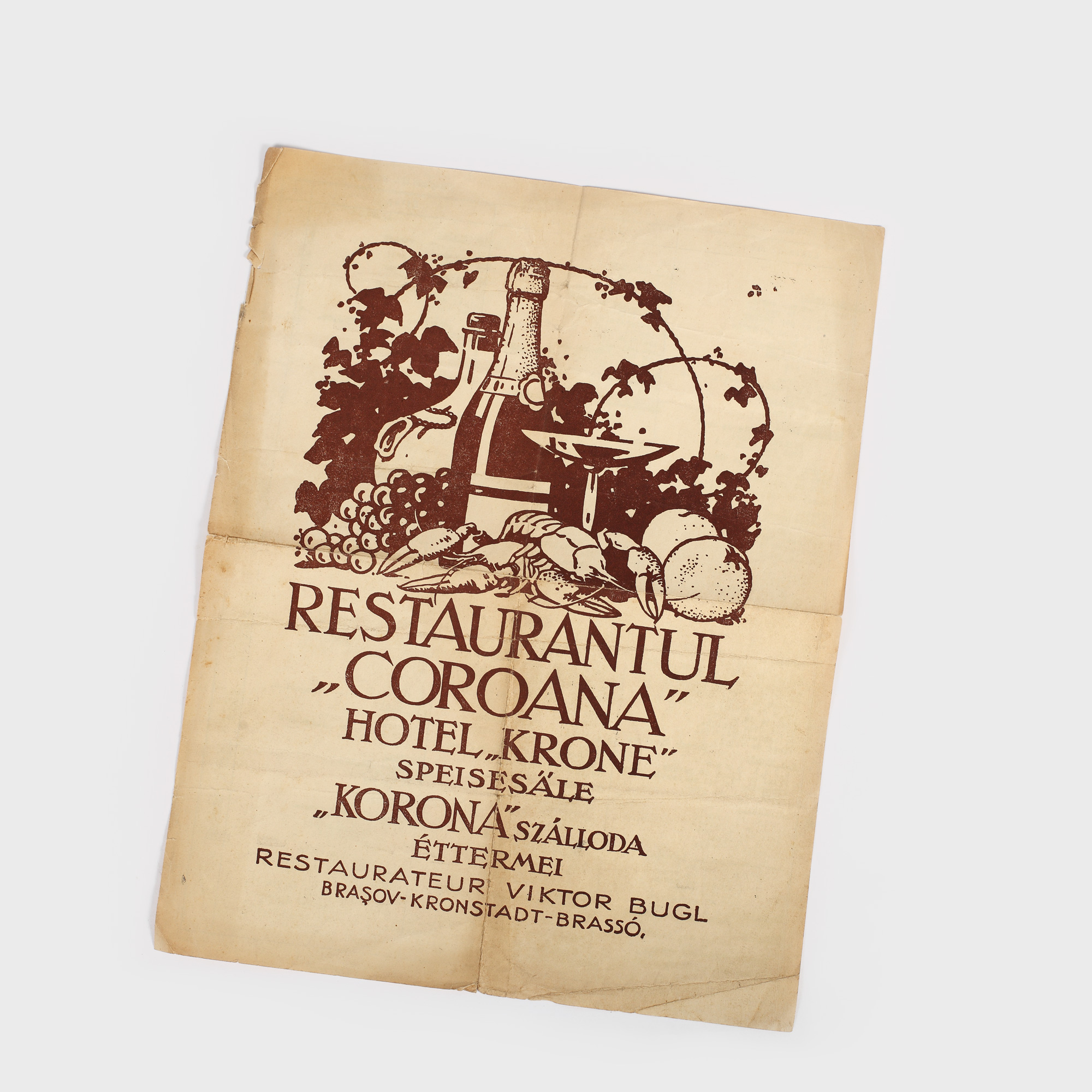 Meniu al restaurantului "Coroana" din Brașov, anii 1930