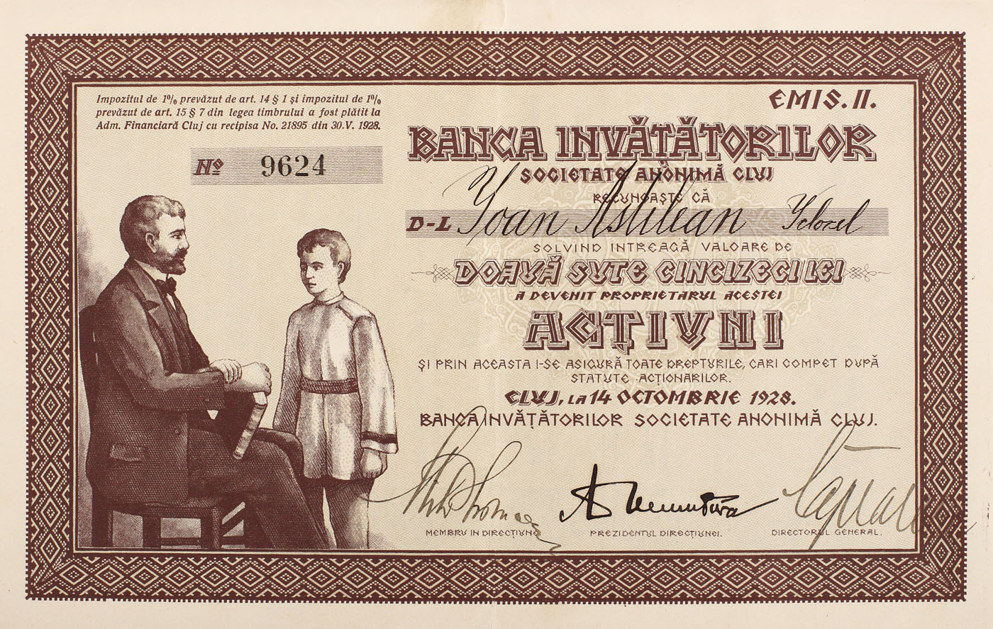 Acțiune Banca Învățătorilor, cu valoarea de 250 lei, emisă la Cluj în 1928