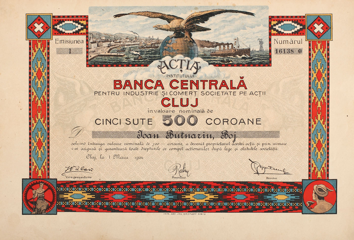 Acție a Băncii Centrale pentru Industrie și Comerț Cluj, cu valoarea de 500 de coroane, 1920