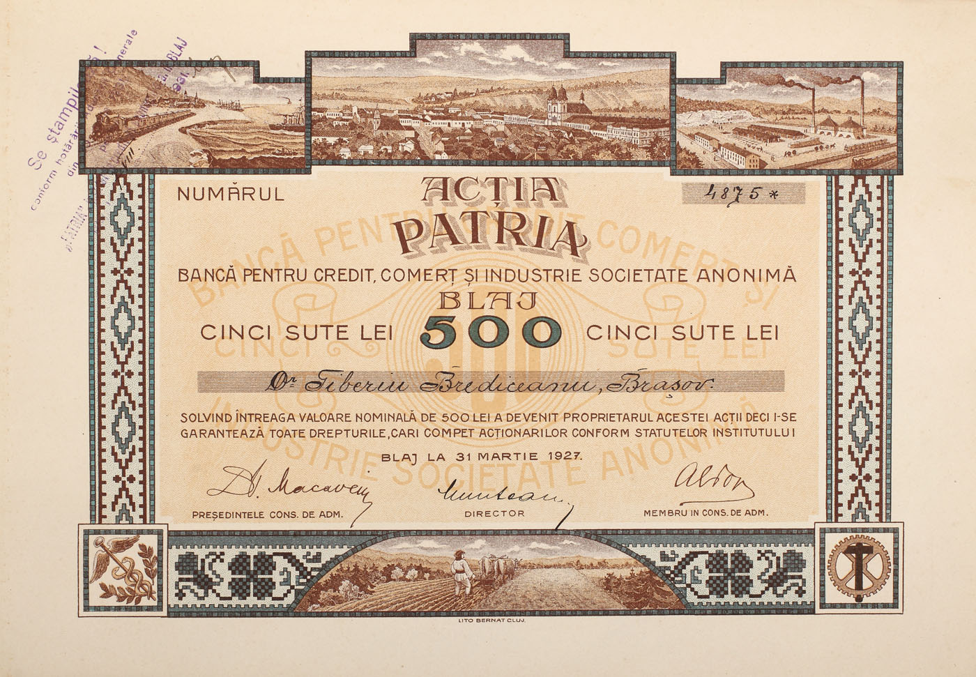 Acție a Băncii Patria, cu valoarea de 500 de lei, emisă la Blaj în 1927