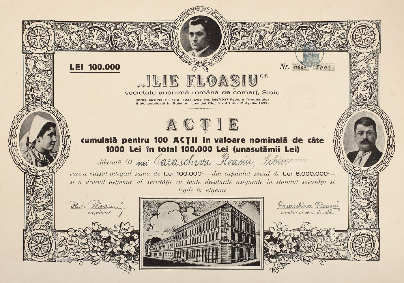 Acție a societății anonime de comerț "Ilie Floașiu" din Sibiu, cu valoarea de 100.000 lei, 1937