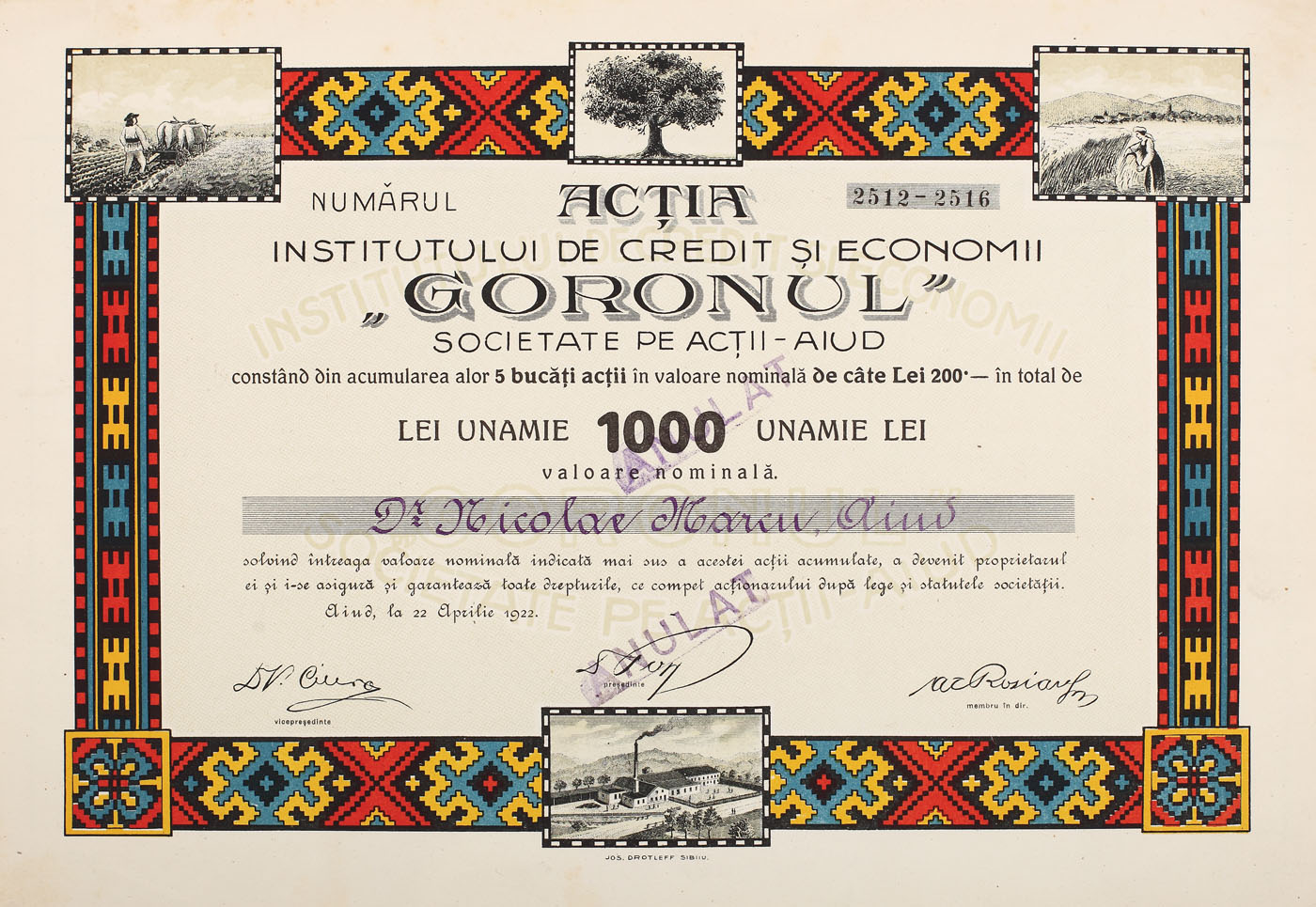 Acție a Institutului de Credit și Economii "Gorunul" Aiud, cu valoarea de 1000 lei, 1922