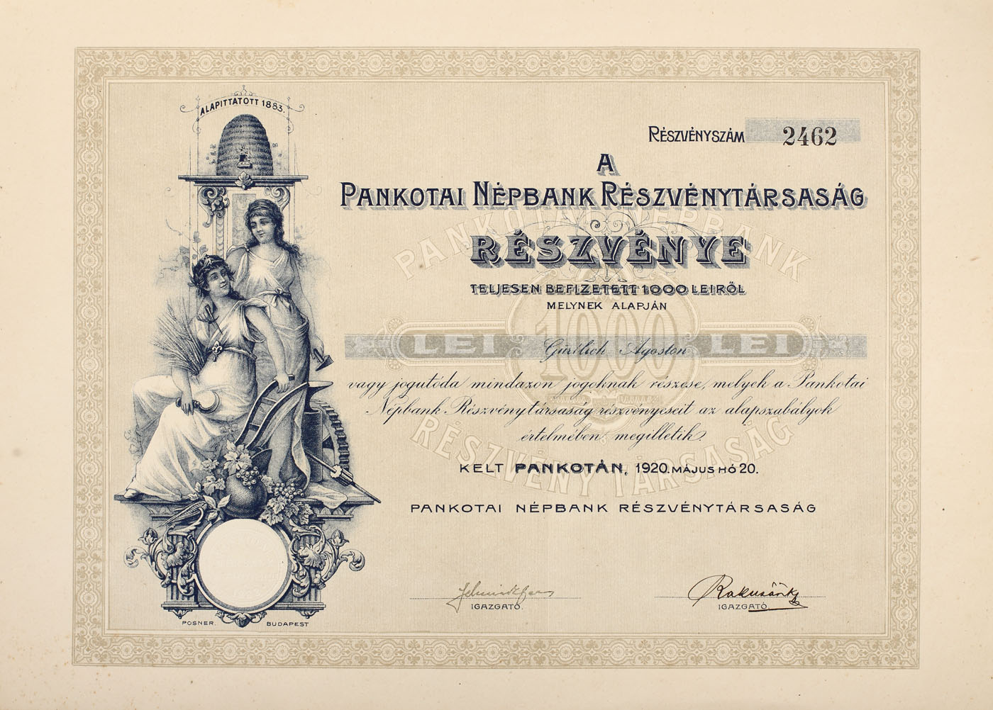 Acție a Băncii Populare Pâncota, cu valoarea de 1000 lei, emisă la Budapesta în 1920