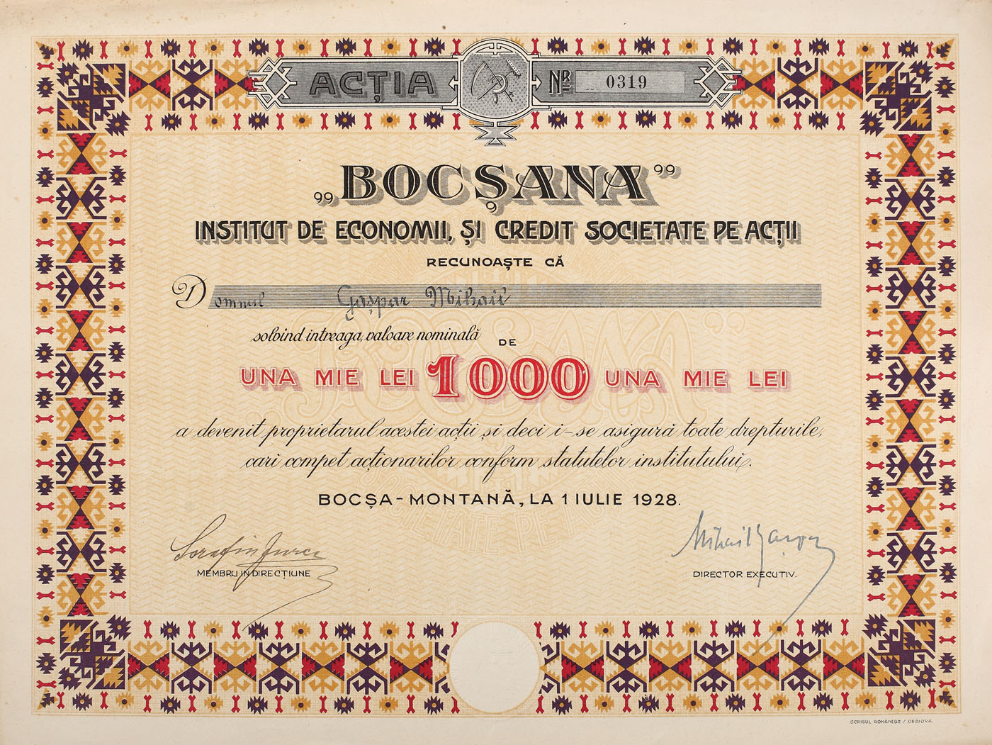 Acție a Institutului de Economii și Credit "Bocșana", cu valoarea de 1000 lei, emisă la Bocșa Montană în 1928