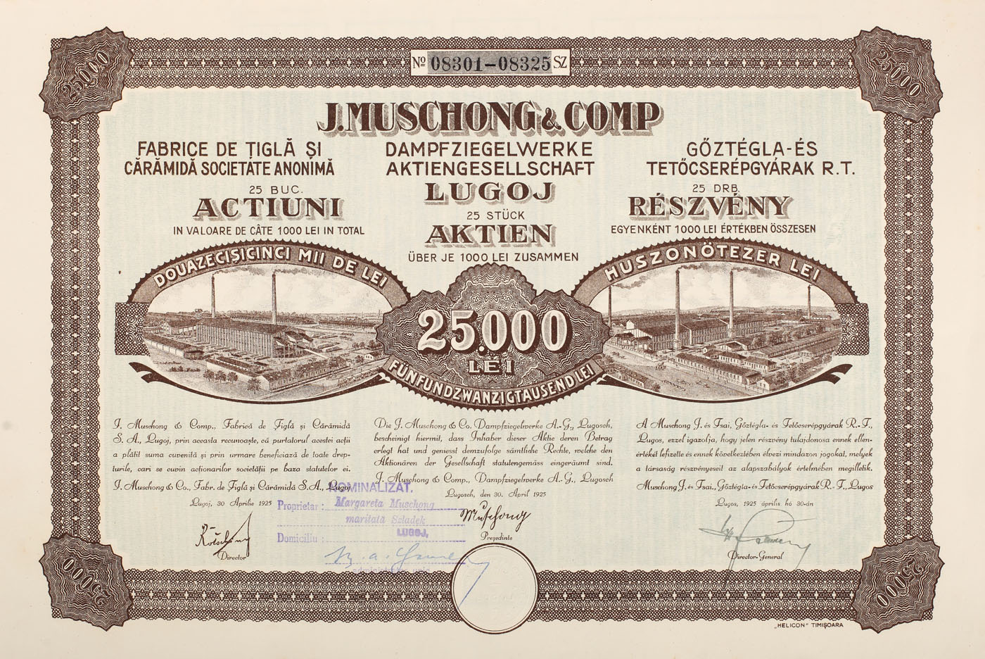 Acție a Fabricii de Țiglă și Cărămidă Lugoj, cu valoarea de 25.000 lei, 1925