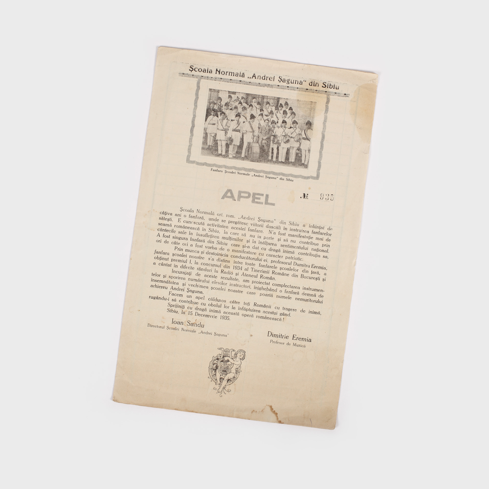 Apel emis de către Şcoala normală Andrei Şaguna din Sibiu, pentru susținerea fanfarei școlii, cea mai mare din oraș, 1933