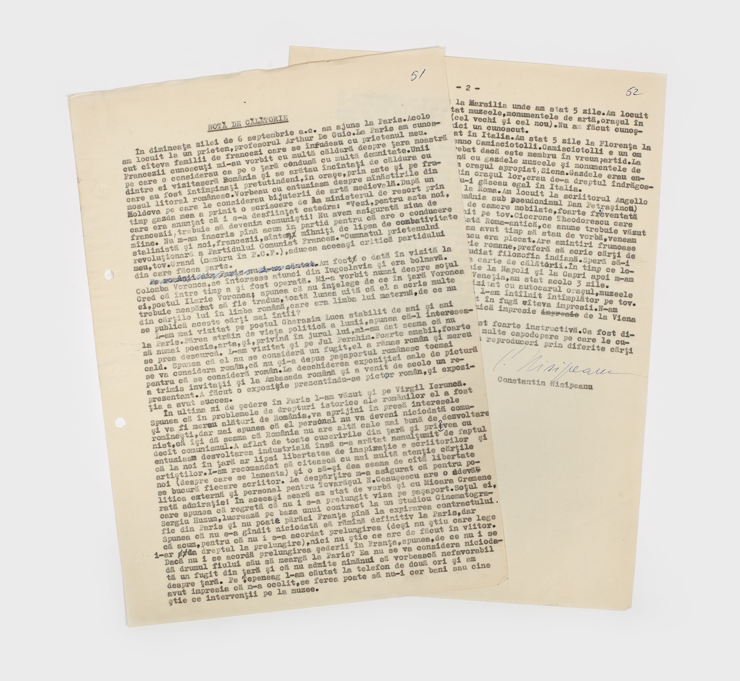 Notă informativă, întocmită de poetul și pictorul suprarealist Constantin Nisipeanu, cu privire la voiajul său în 1971 la Paris, prilej de întâlnire a altor confrați suprarealiști precum Ierunca, Voronca, Perahim, Gherasim Luca etc.